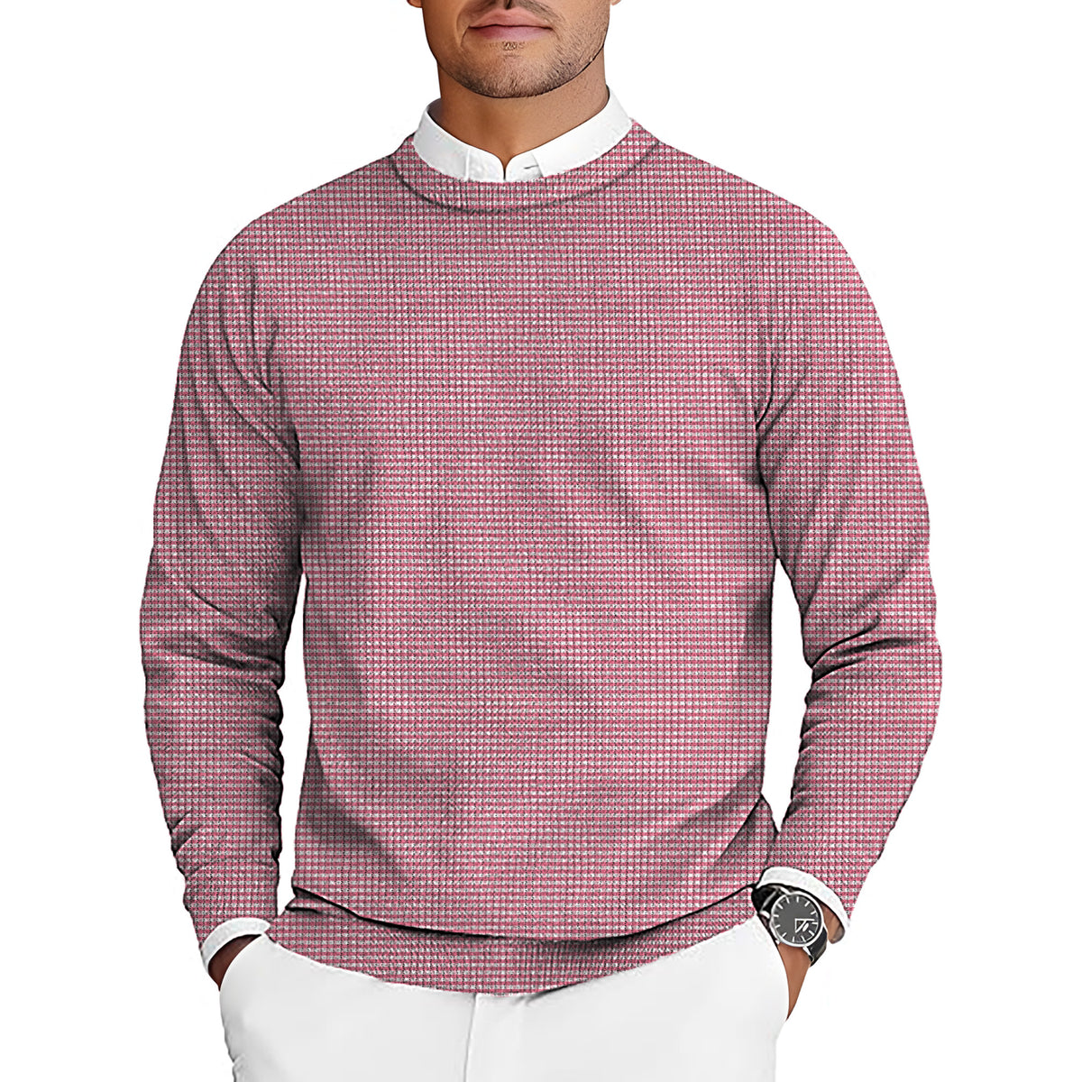 Pink striped and checkered squares Men's Golf Crewneck Pullover Sweaters Ugly Sweater
