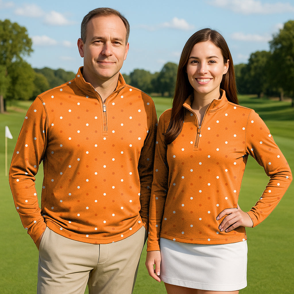 Halloween yellow and white polka dots Couple Golf Active 3/4 Zipper Top Long Sleeves