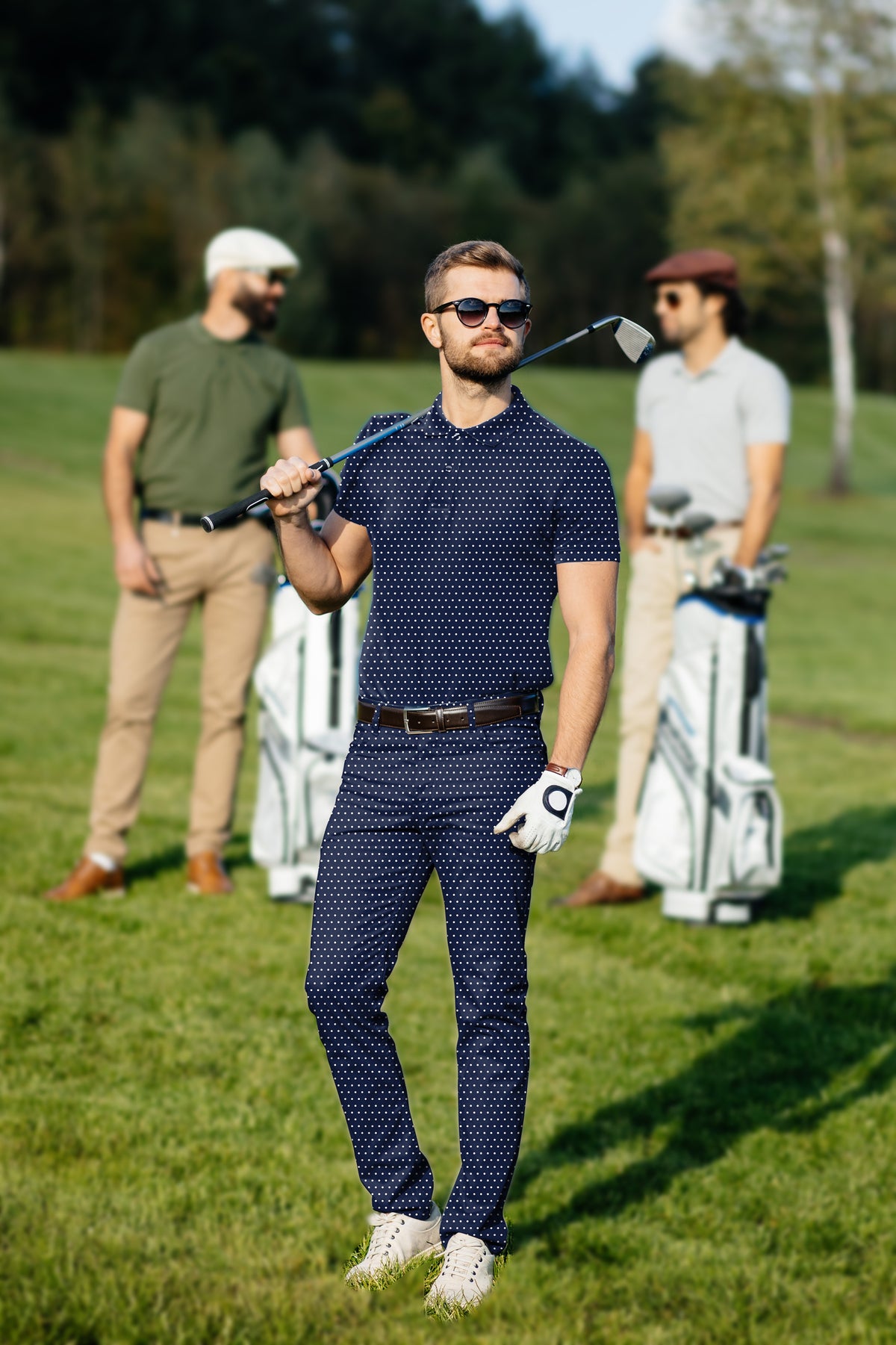 Men's Golf Set Polo+Pants Navy blue with white polka dots