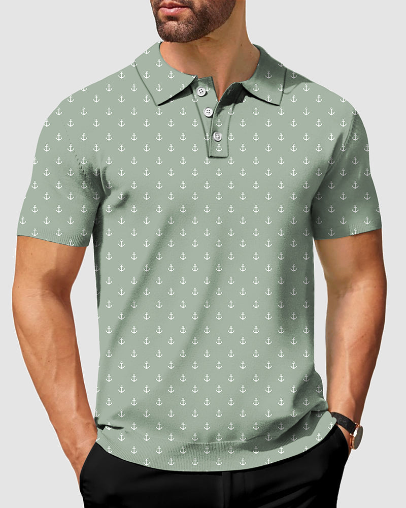 Men's light green anchor polo shirt with four-way stretch, moisture-wicking fabric, wrinkle resistant, UPF 40+ protection, and classic fit.