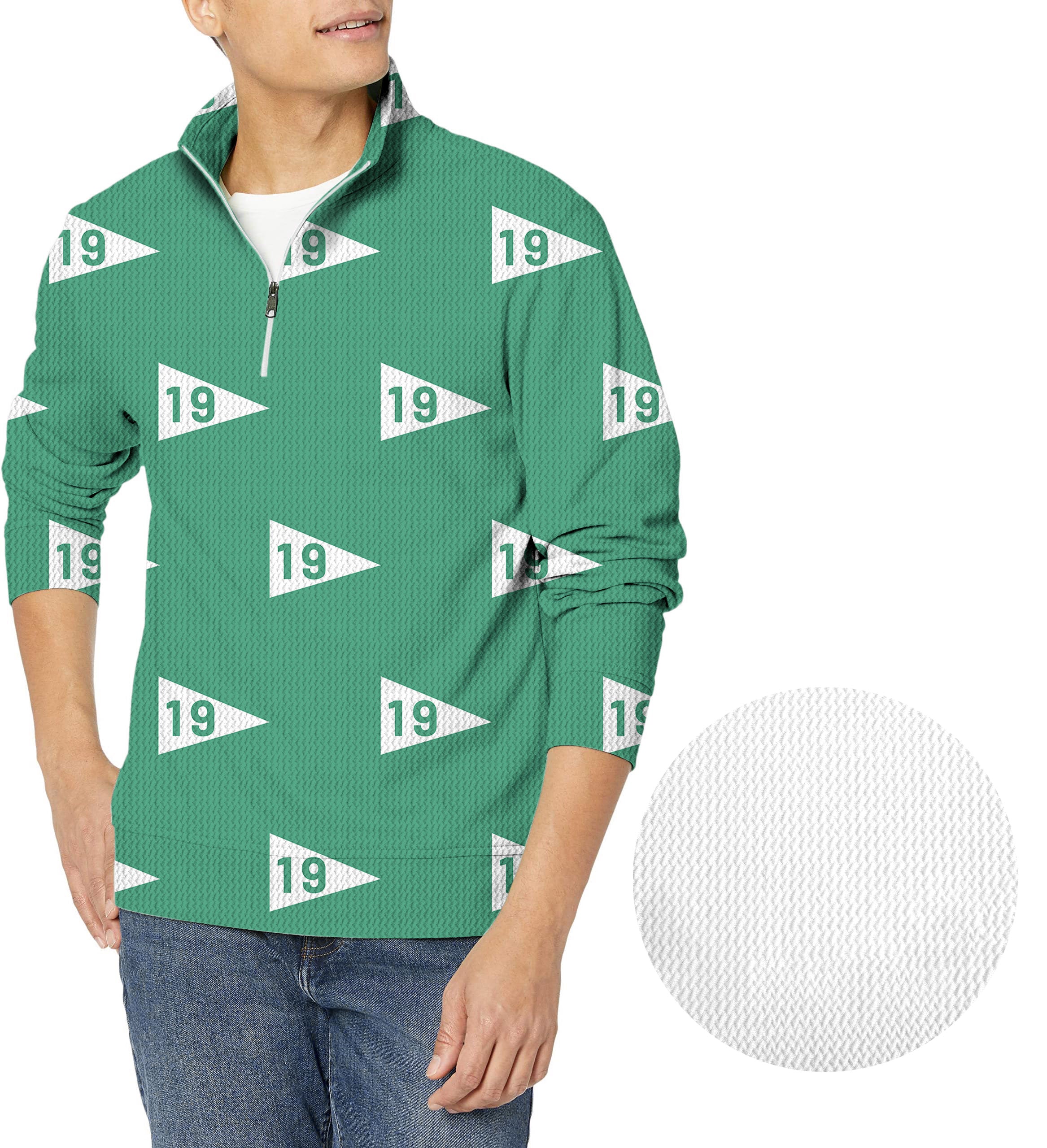 Men's 19th hole-38 green golf waffle zipper pullover with custom logo option
