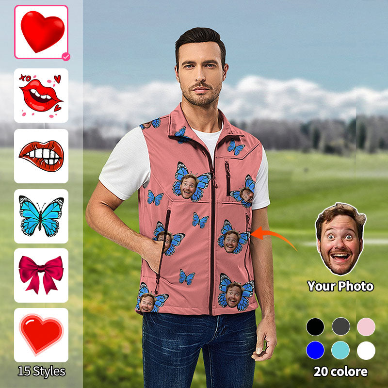 Valentine's Day Men's Custom Photo Face Custom Color Hot Pink Love Lightweight Softshell Vest Sleeveless Jacket for Golf Windproof Waterproof
