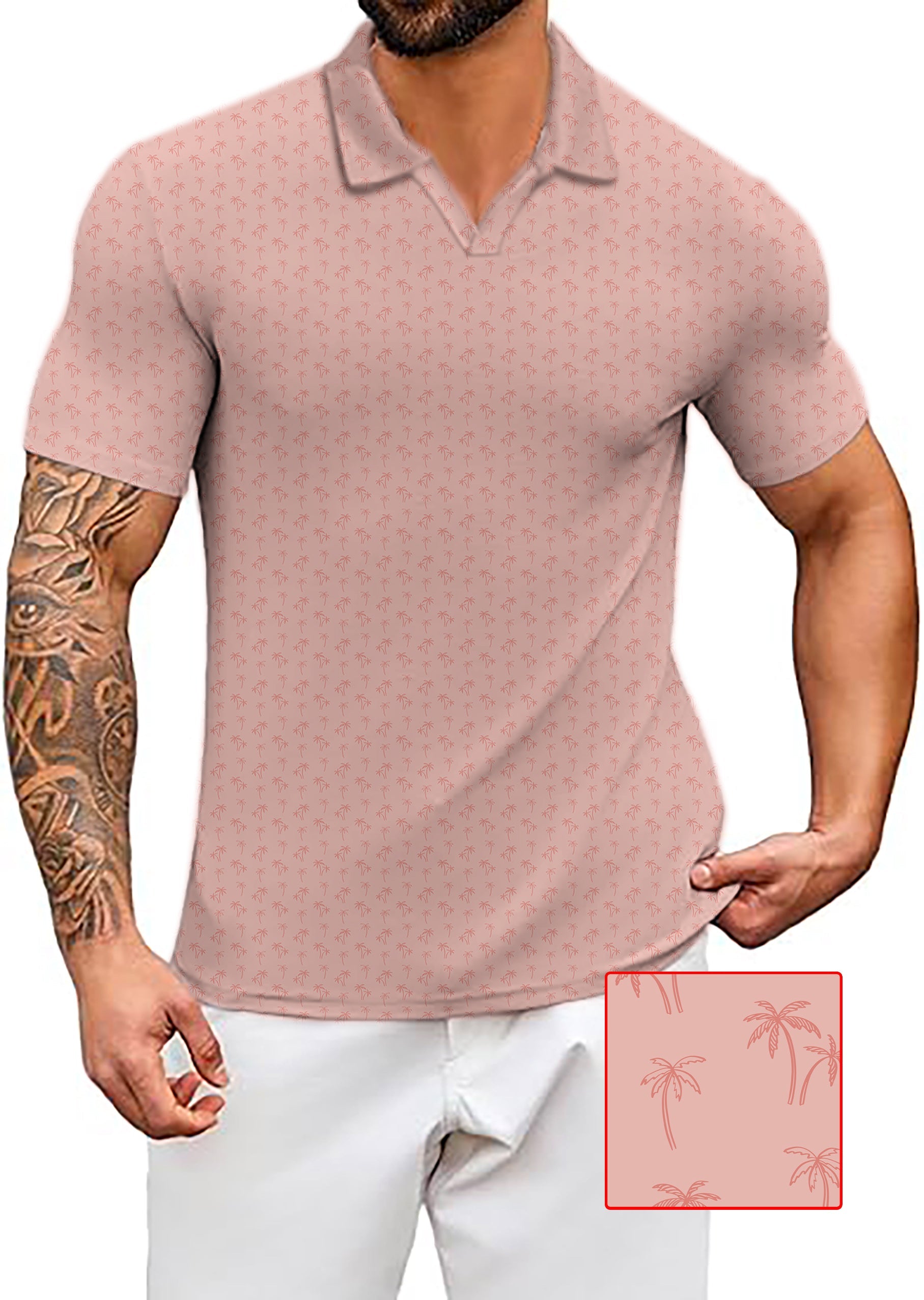 Men's Coconut Palm pink polo shirt with navy blue ink dots and palm tree pattern, classic fit and moisture-wicking fabric