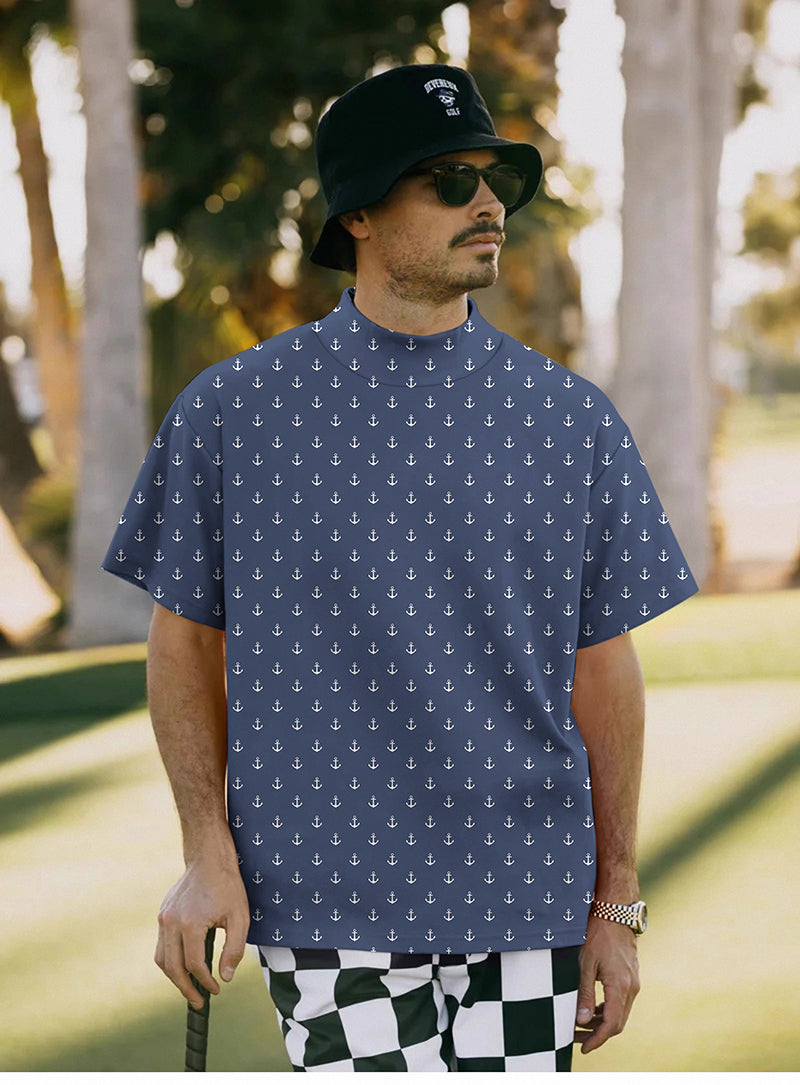 Men's dark blue anchor pullover high neck t-shirt with short sleeves worn outdoors