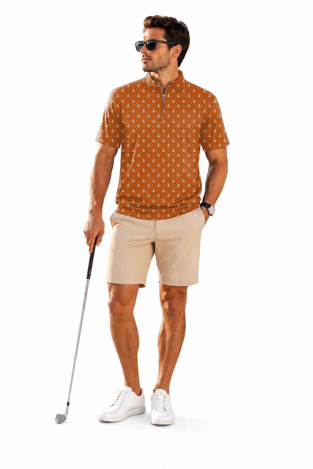Men's Short Sleeve Quarter Zip Golf Pullover   Orange Anchor Embroidery