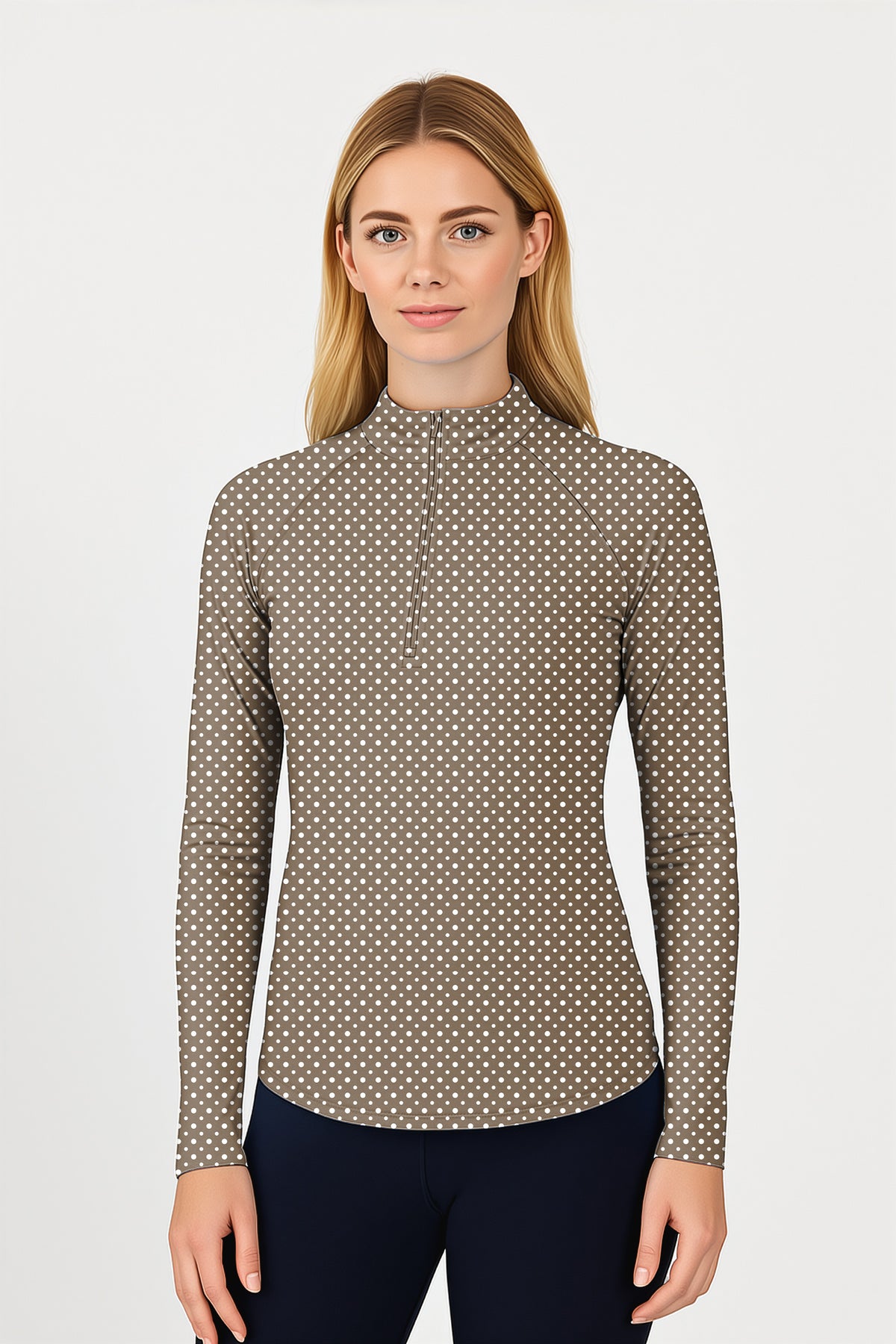 white polka dot brown Women's Golf Active 3/4 Zipper Top Long Sleeves
