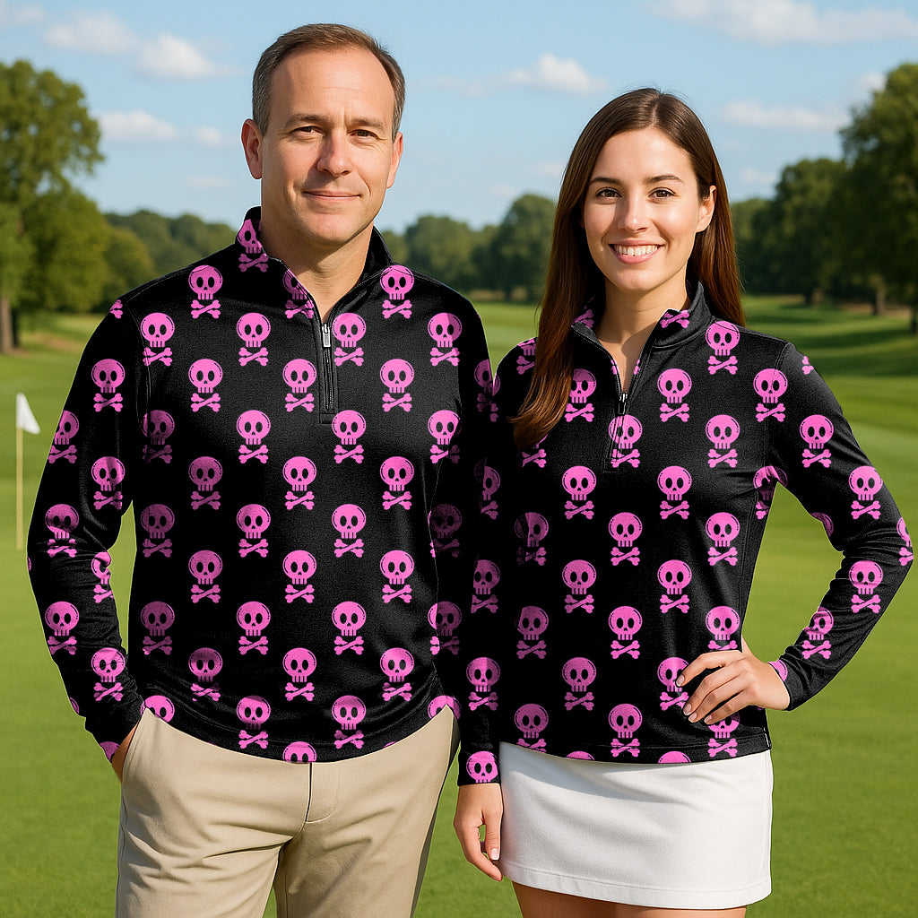 Halloween Punk Skull Couple Golf Active 3/4 Zipper Top Long Sleeves