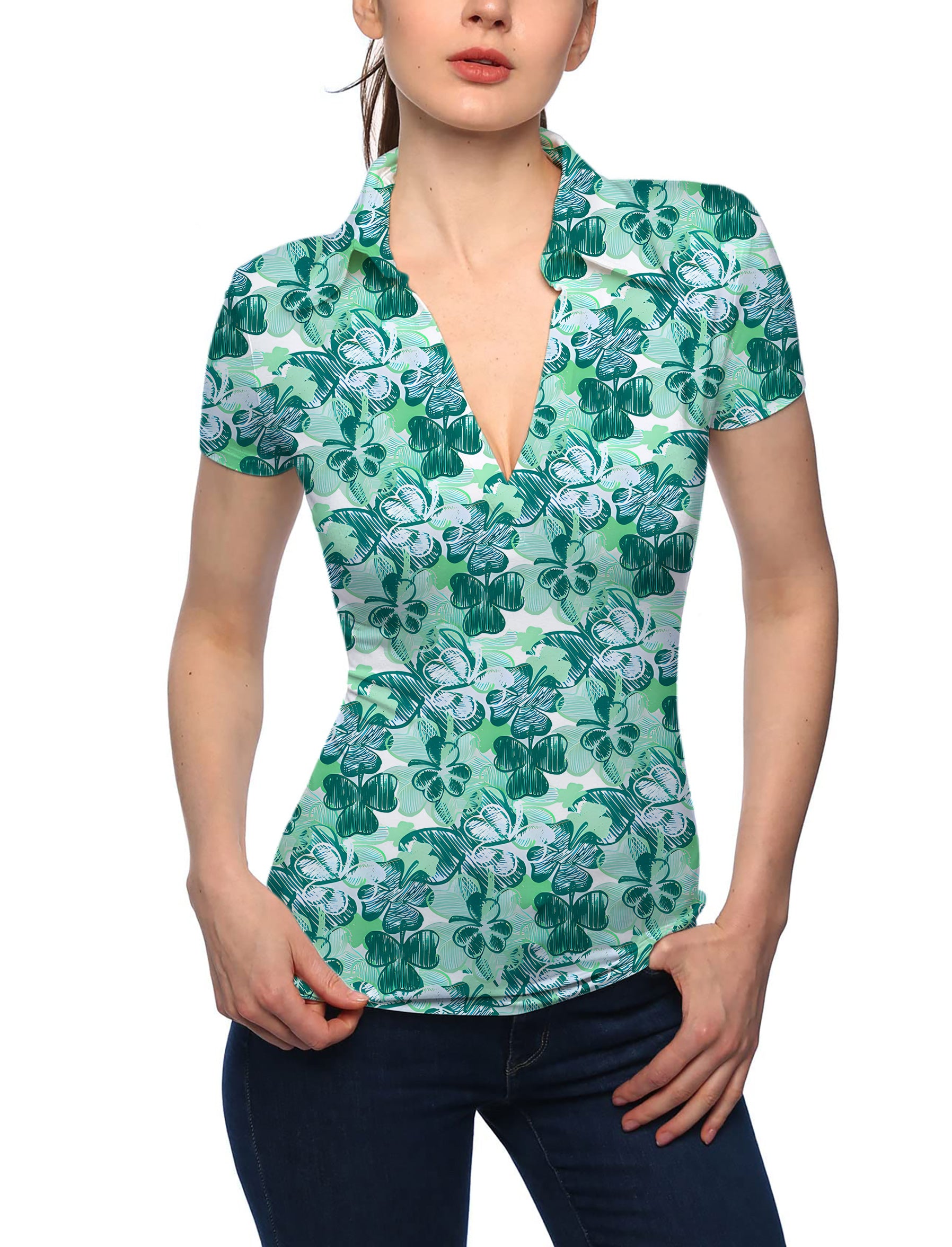 Women's Four leaf clover V Neck Golf Polo