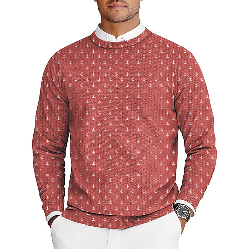 Men's pink red anchor golf crewneck pullover sweater with anchor pattern