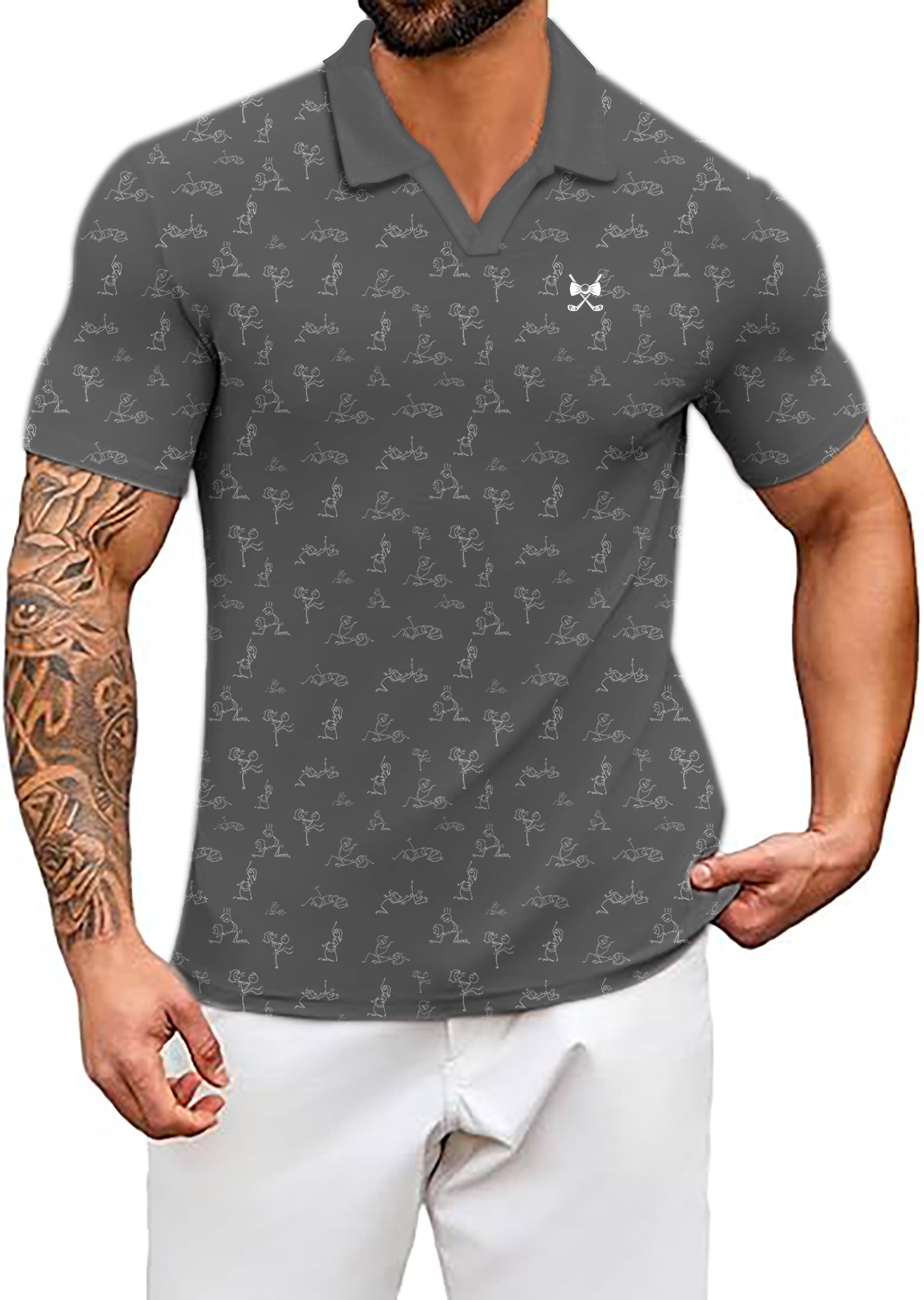 Men's Charcoal Funny Kamasutra Figures V Neck Golf Polo Shirts