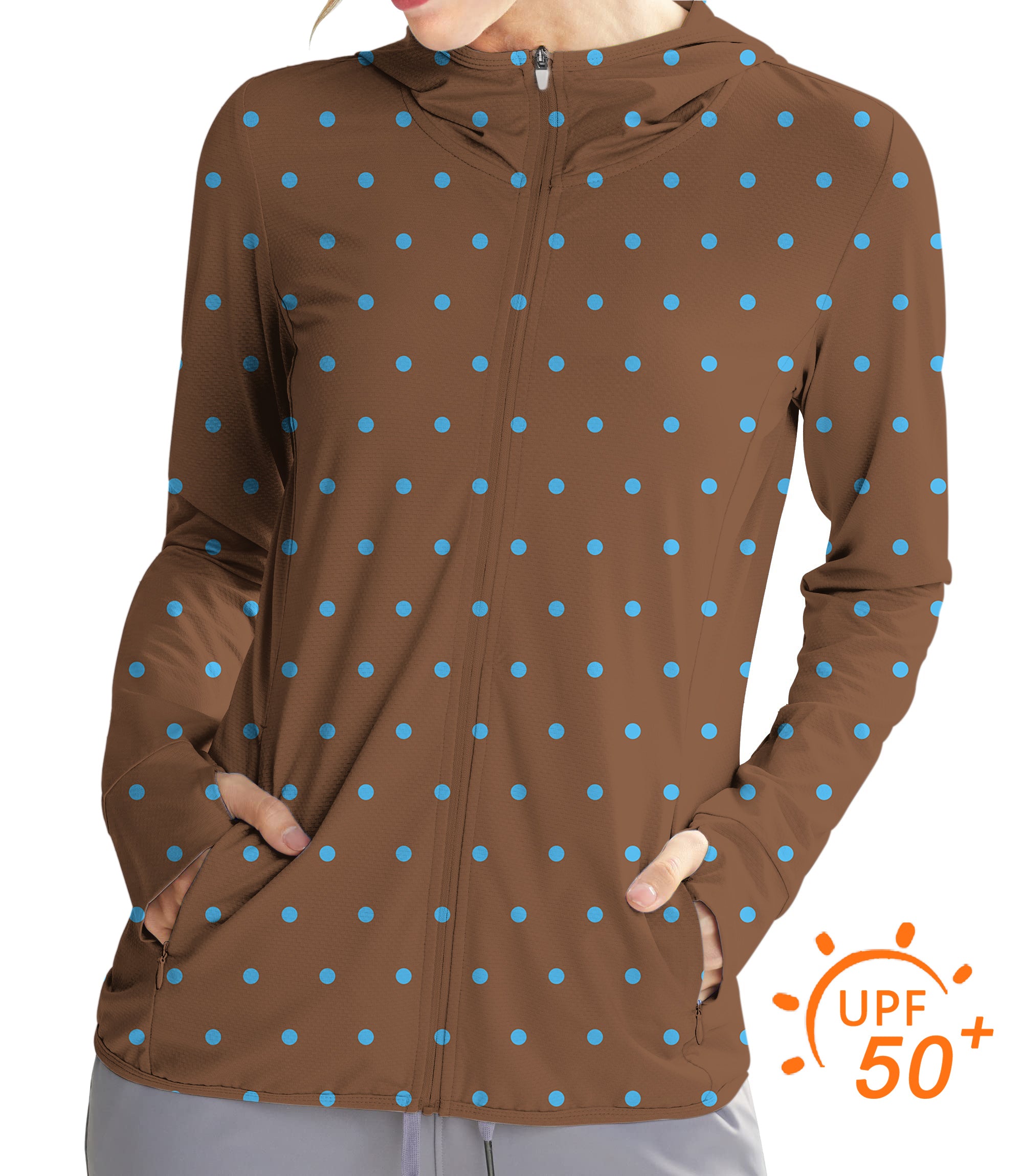 Women's Outdoor Brown Polka Dots Golf Sun Protection Slim Fit zip hoodies