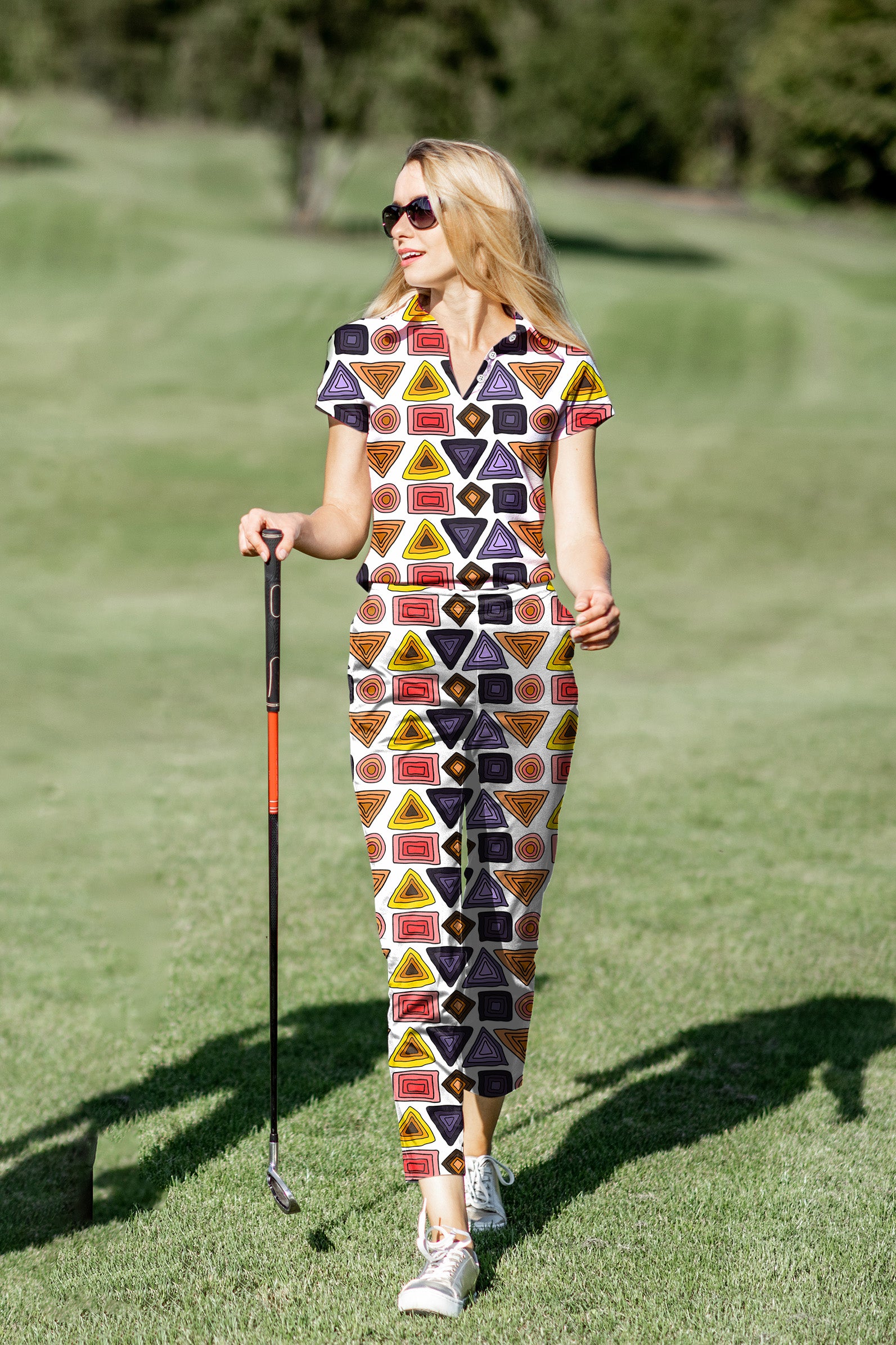 Women's Golf Polo+Pants Set colorfull triangle tribal