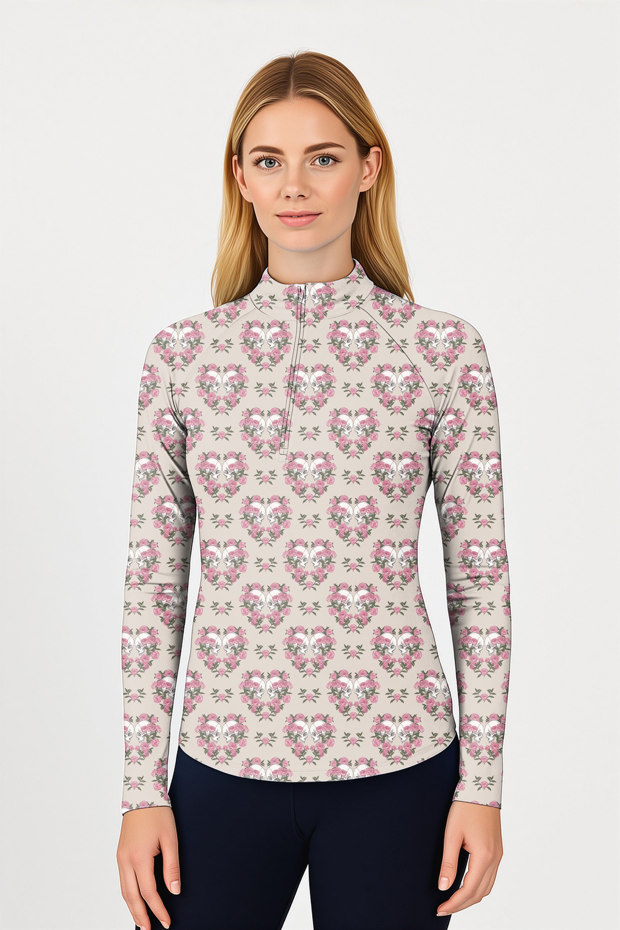 Halloween Skull Rose Women's Golf Active 3/4 Zipper Top Long Sleeves