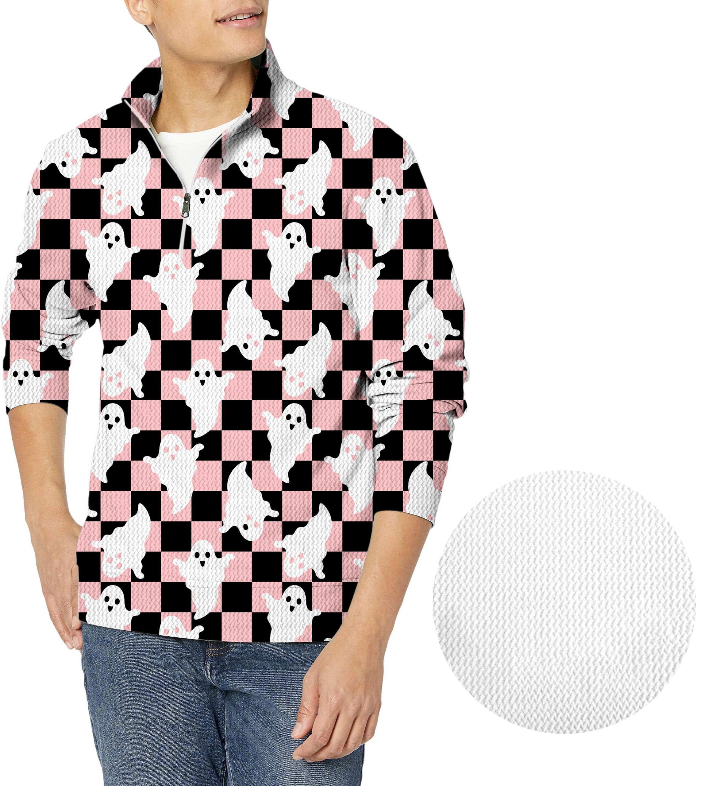 Halloween Black and White Checkerboard Ghost Men's Golf Waffle Zipper Pullover