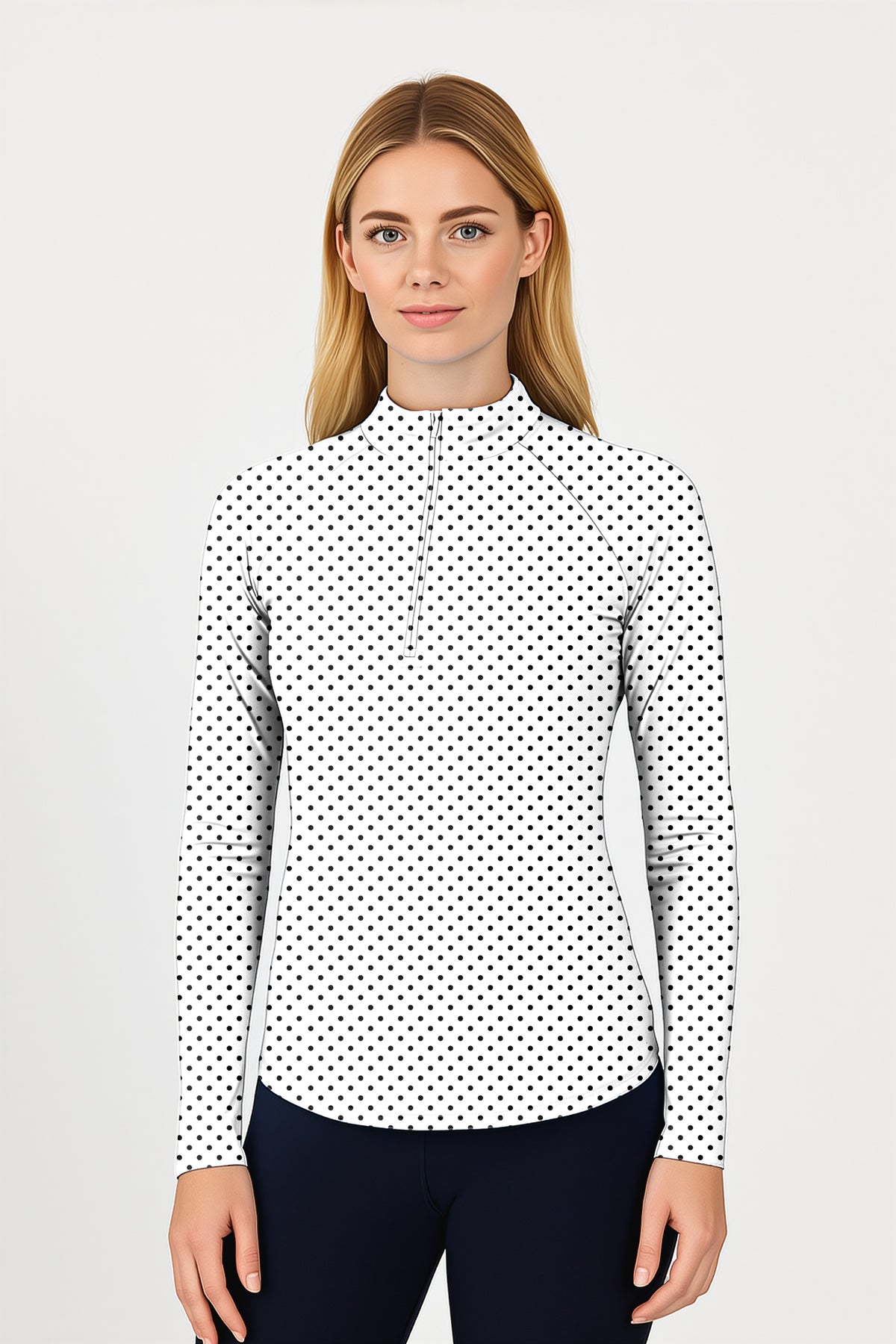 Black polka dots white background Women's Golf Active 3/4 Zipper Top Long Sleeves