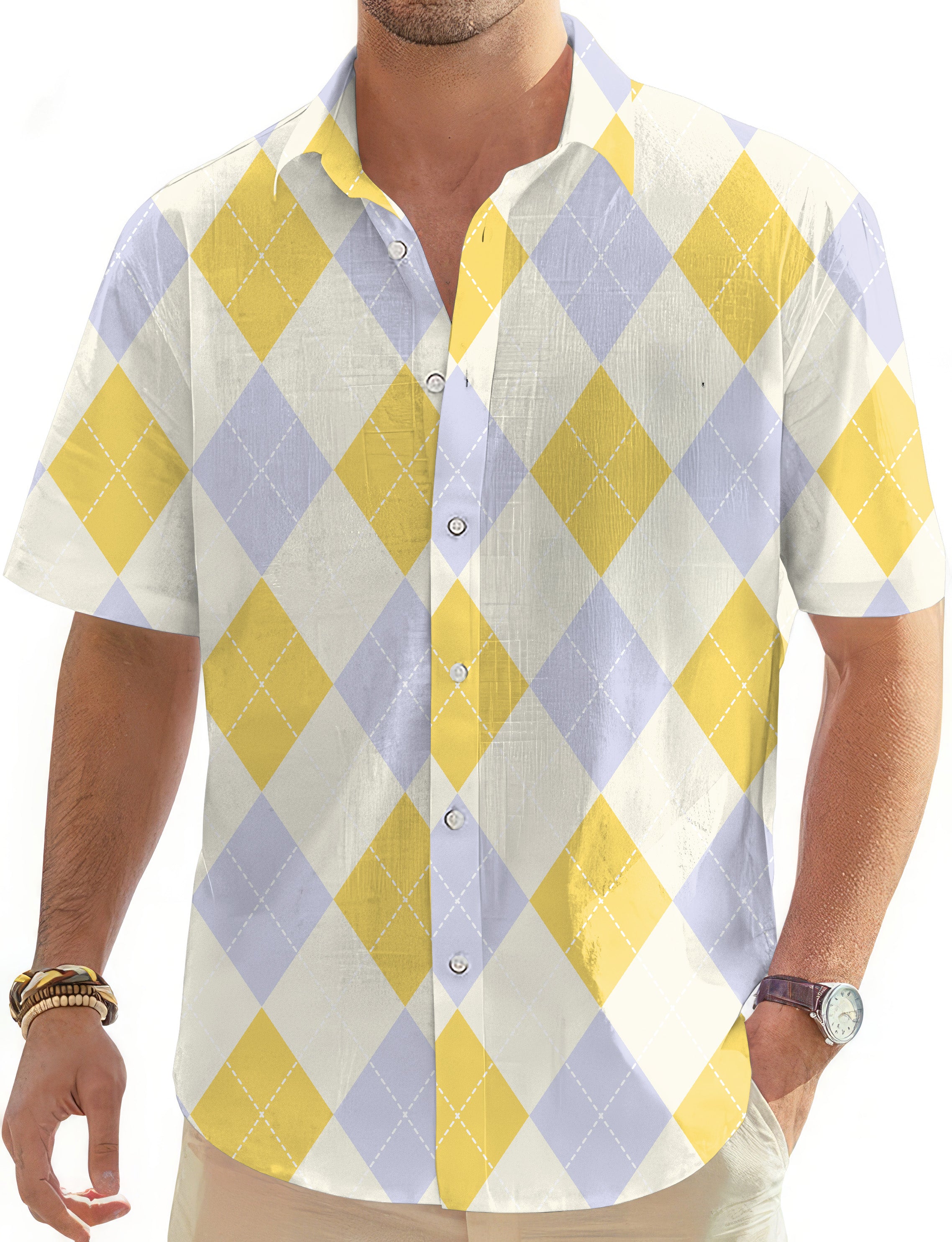 Yollow Argyle-Men's Golf Hawaiian Shirts Button Down Shirt