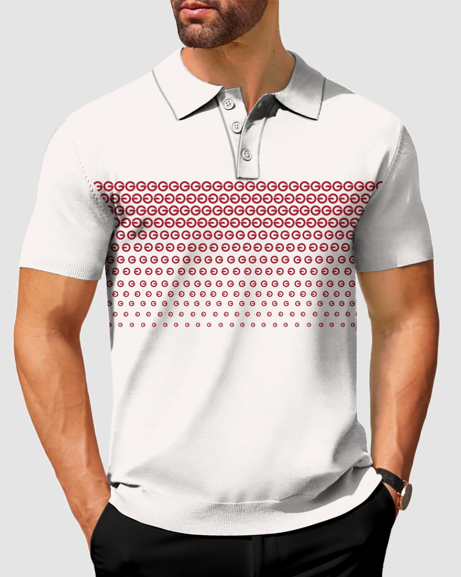 Men's red G polo shirt with customized monogram pattern, four-way stretch, moisture-wicking fabric, wrinkle-resistant, UPF 40+ protection, and classic fit.
