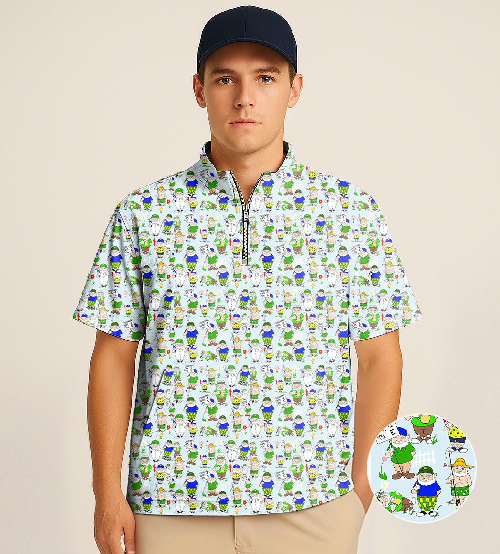Men's Short Sleeve Quarter Zip Golf Pullover  Gnome Garden Open Designer style Embroidery