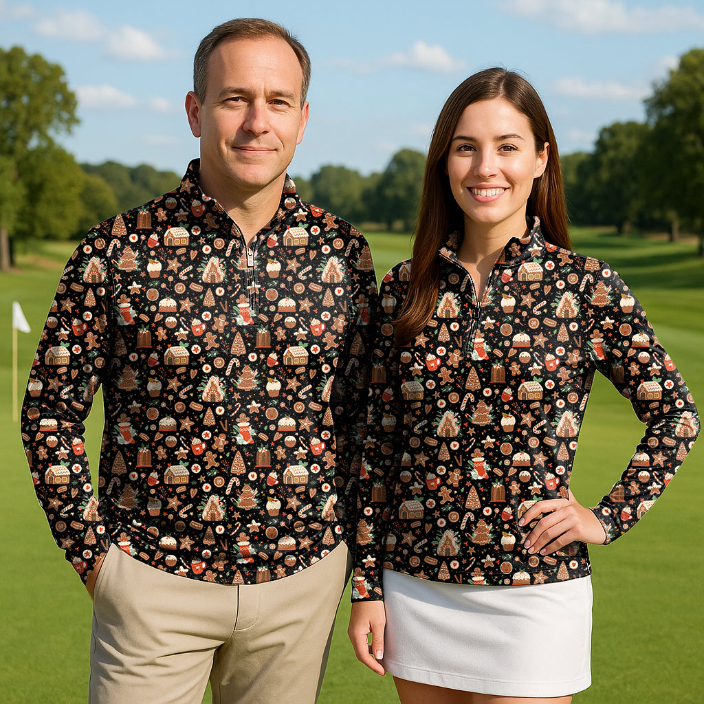 Black Christmas Candy House Couple Golf Active 3/4 Zip Top Long Sleeves