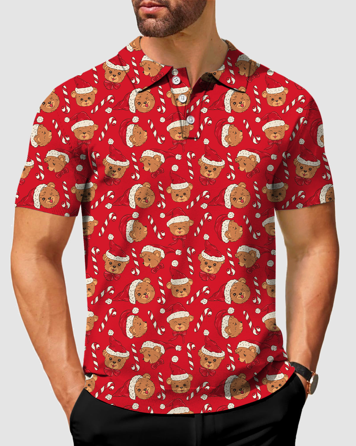 Men's Red Christmas Teddy Bear Polo