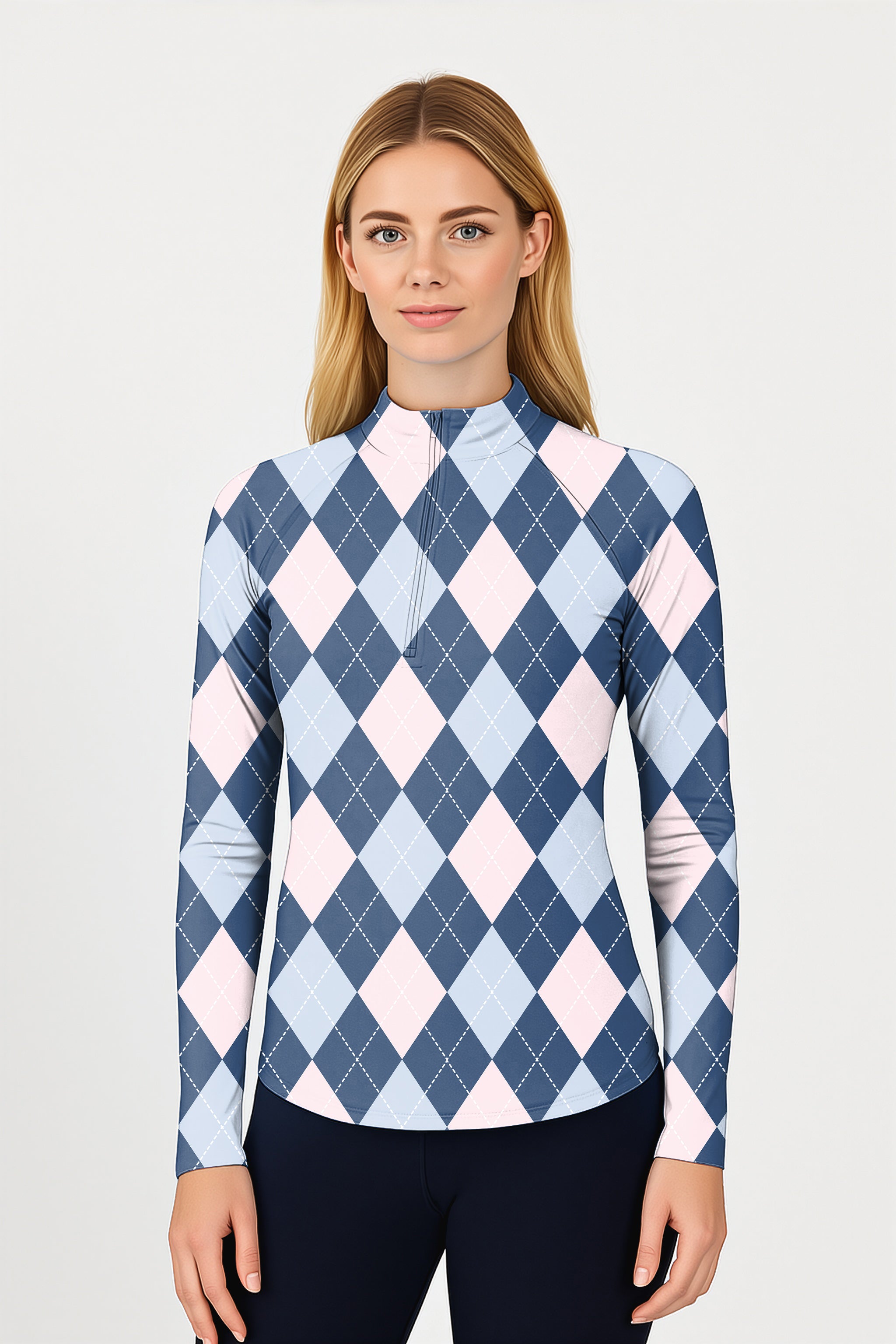 Blue Argyle Women's Golf Active 3/4 Zip Top