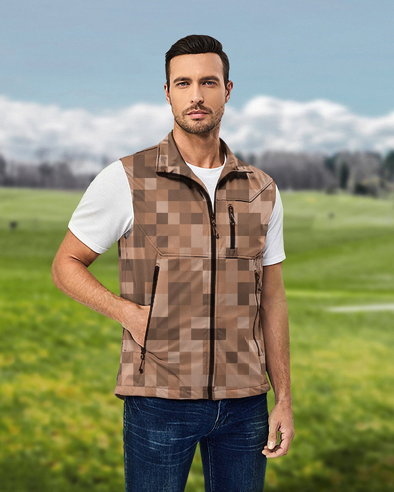 Men's Brown Pixel Big Lightweight Softshell Vest Sleeveless Jacket for Golf Windproof Waterproof