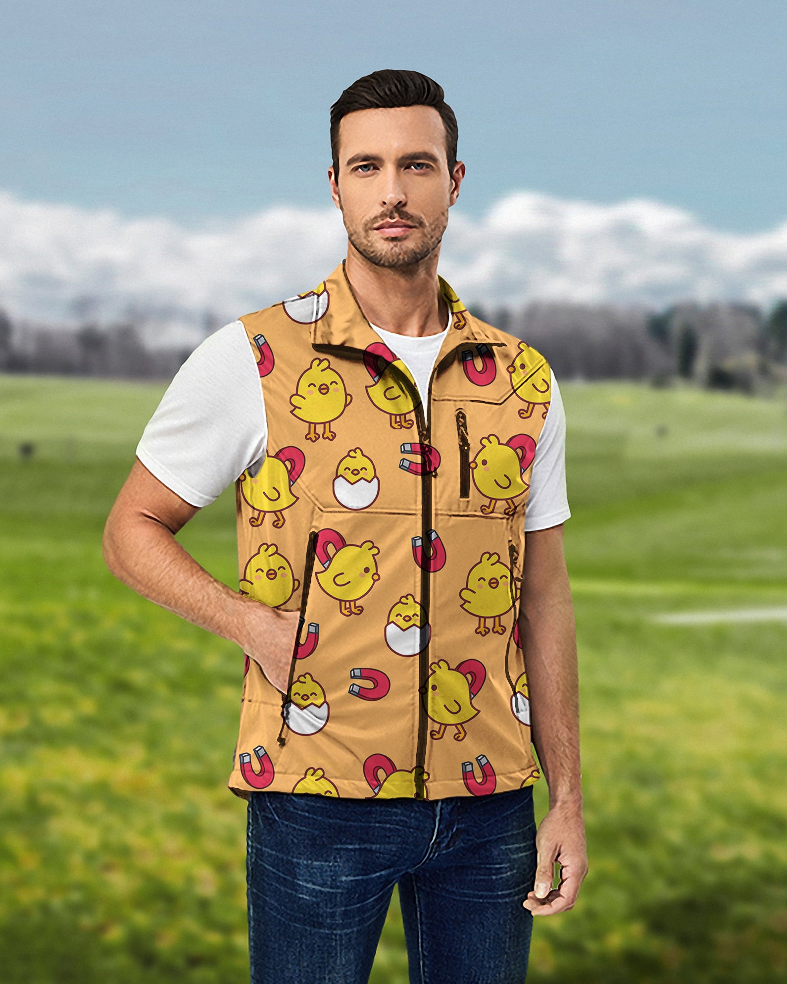 Men's Yellow chick Lightweight Softshell Vest Sleeveless Jacket for Golf