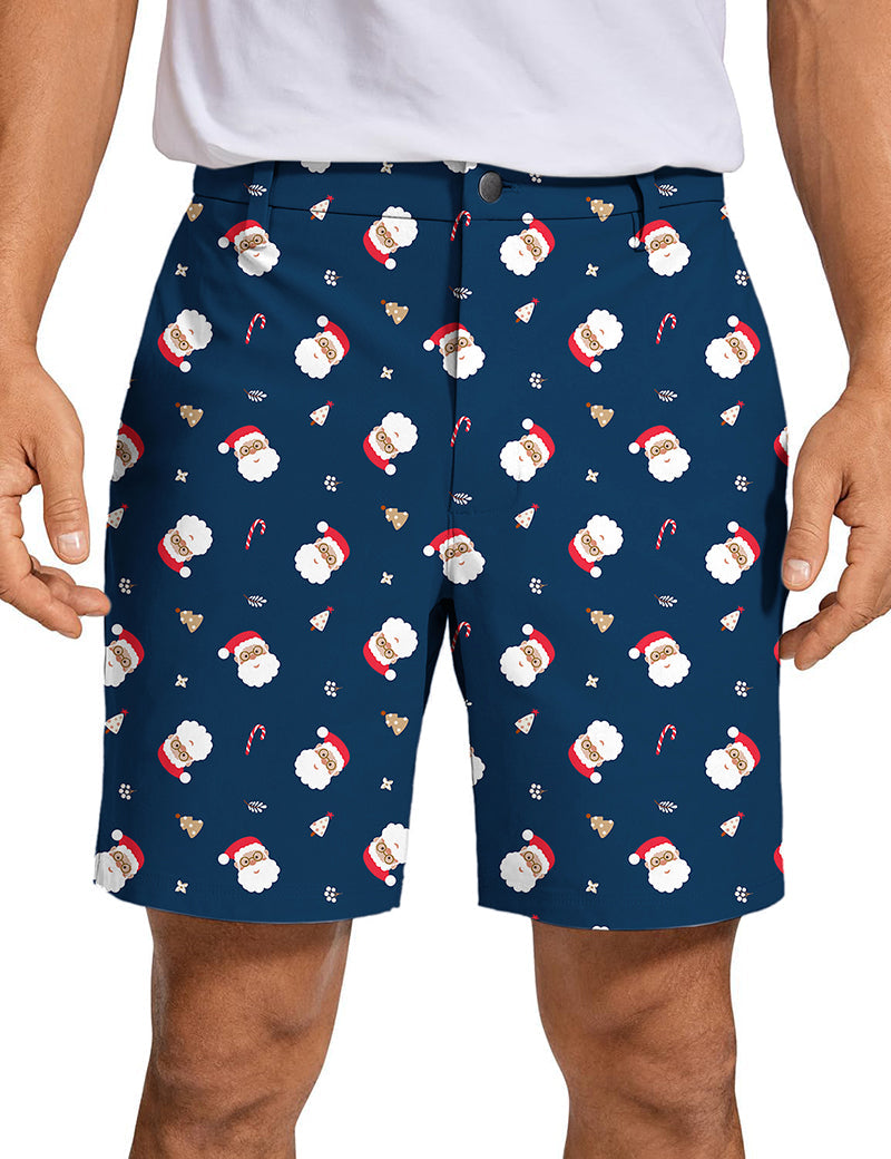 Men's Santa Claus Christmas candy cane golf shorts in blue with festive holiday print