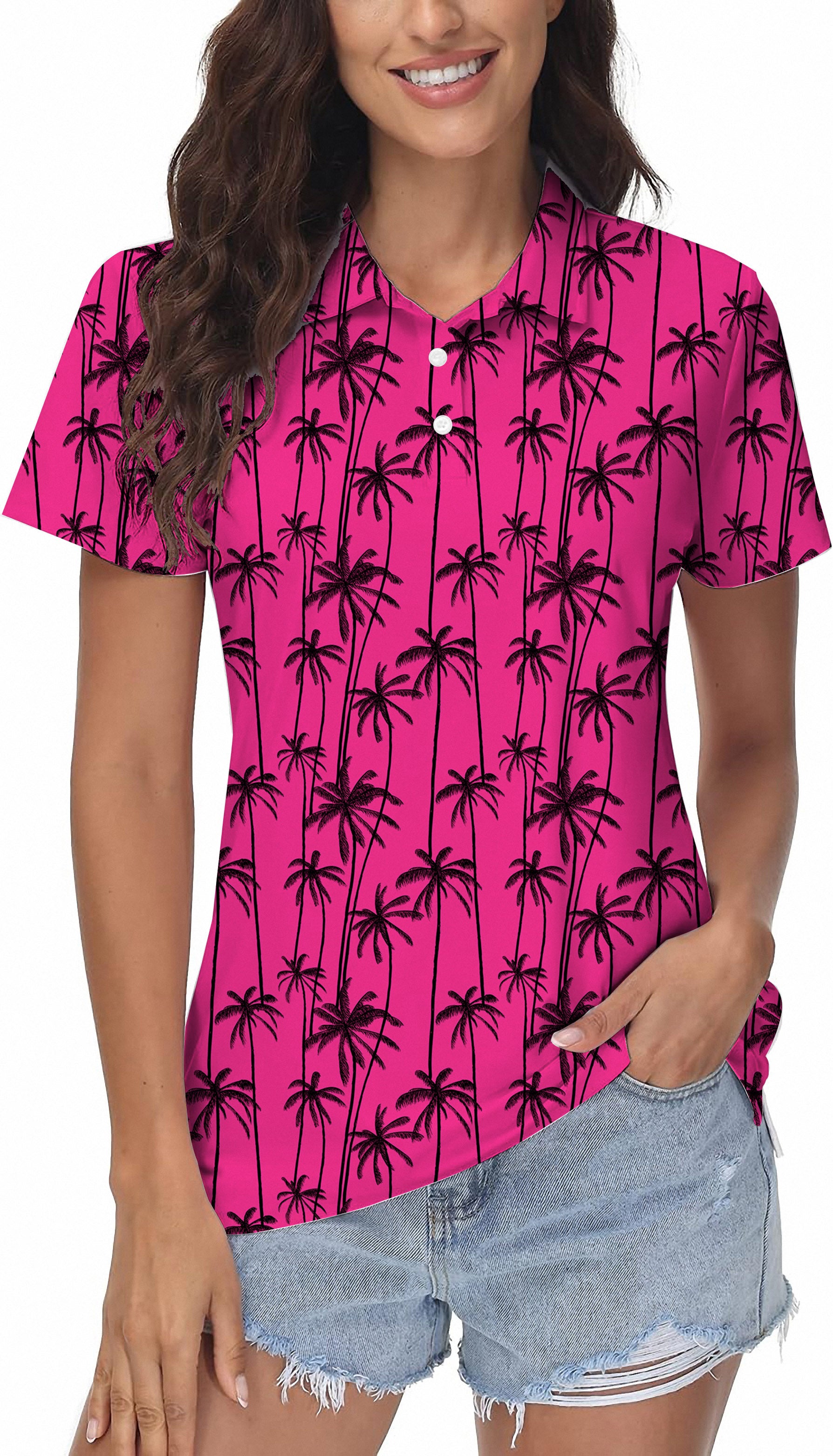 Rose-Red Coconut Trees Women's Golf Polo