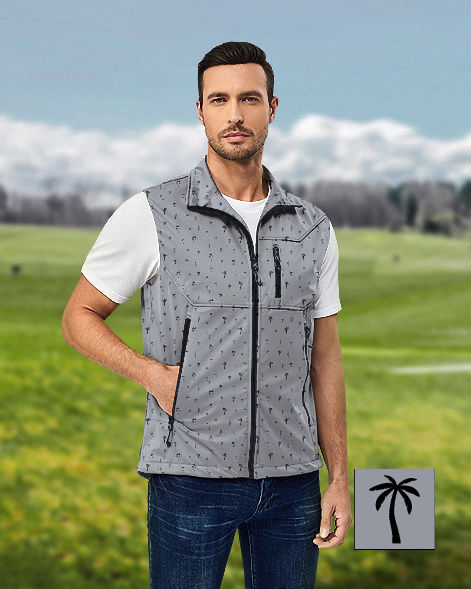 Men's Coconut Palm Custom The Background Color Lightweight Softshell Vest Sleeveless Jacket for Golf Windproof Waterproof