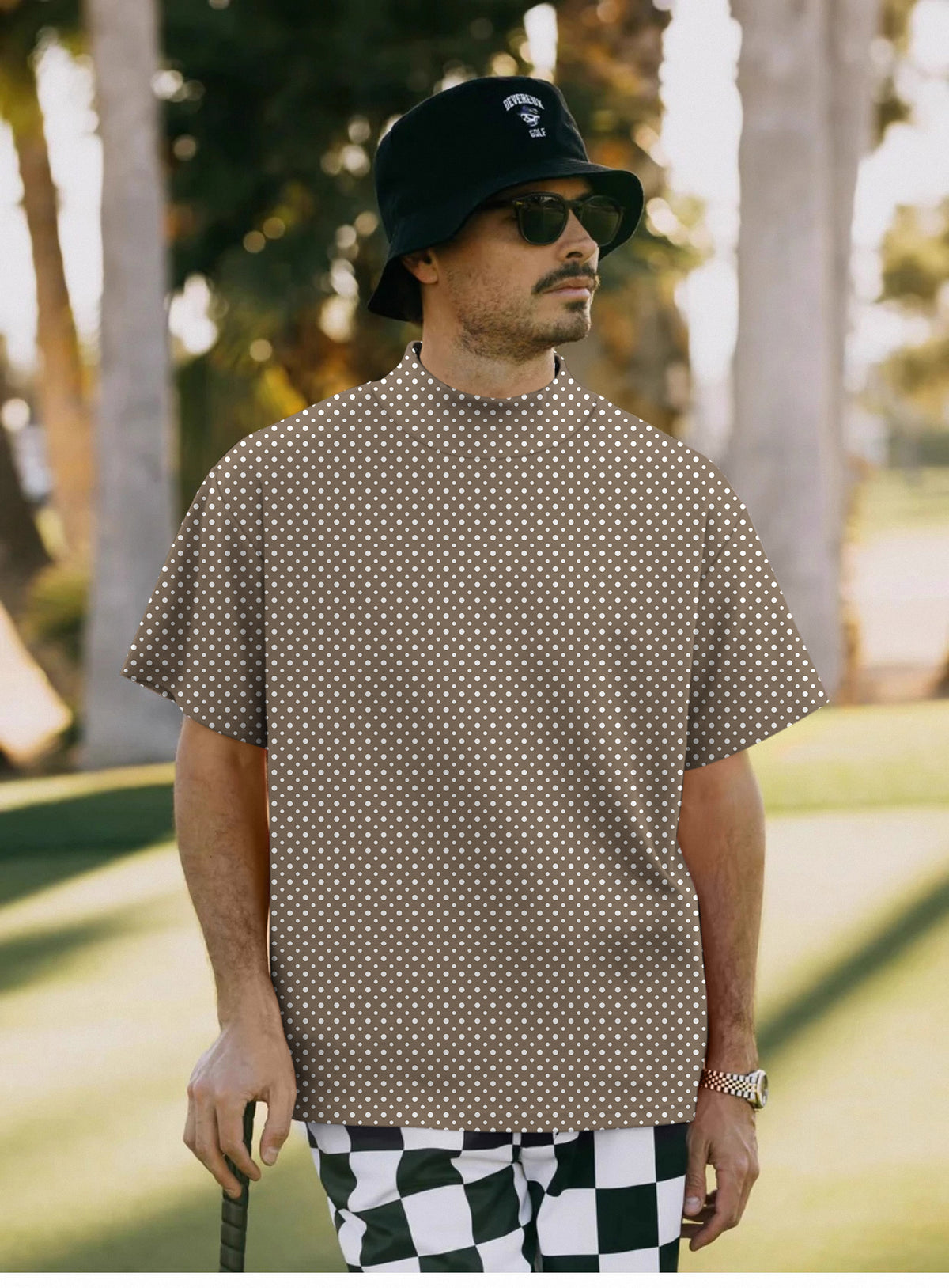 Men's white polka dot brown Mock Neck Long/Short Sleeve Golf Tops