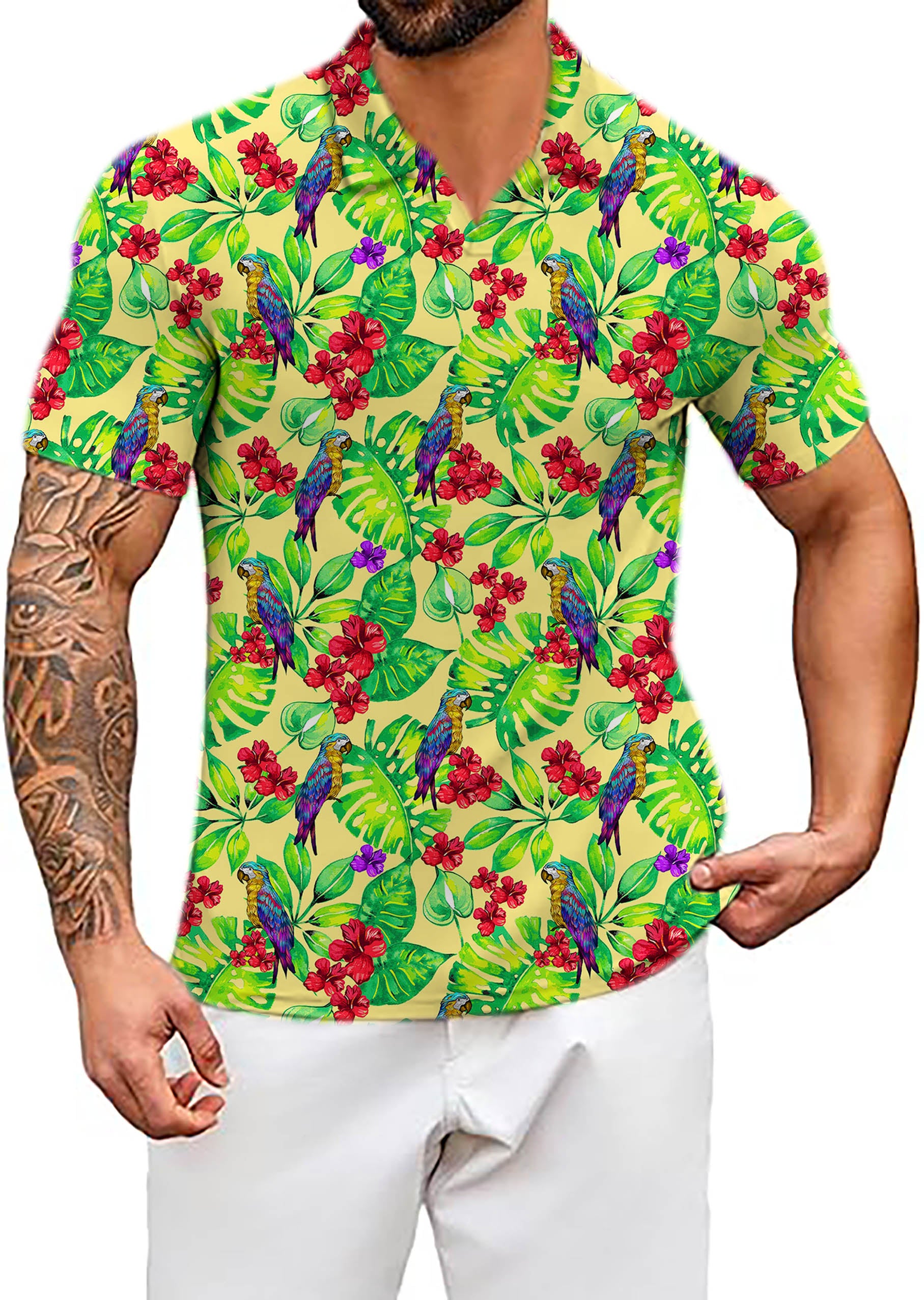 Men's Toucan tropical flowers V Neck Golf Polo Shirts