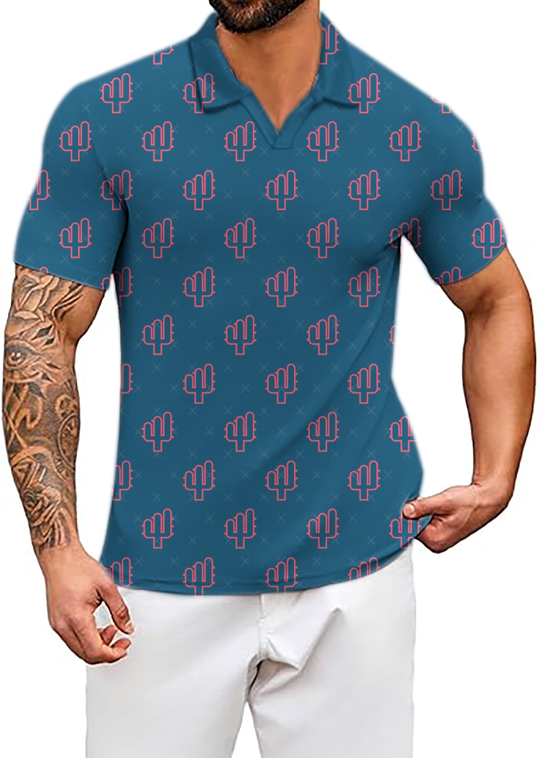 Men's Cool Cactus V Neck Golf Polo Shirts