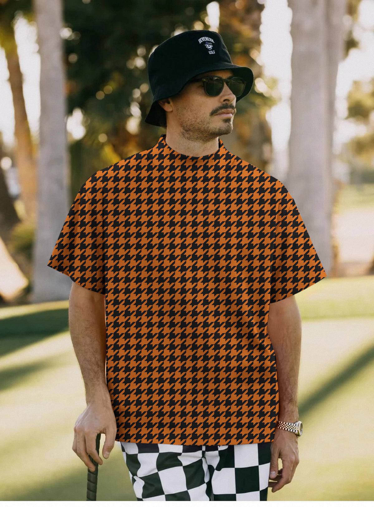 Men's Halloween yellow and black houndstooth Mock Neck Long/Short Sleeve Golf Tops