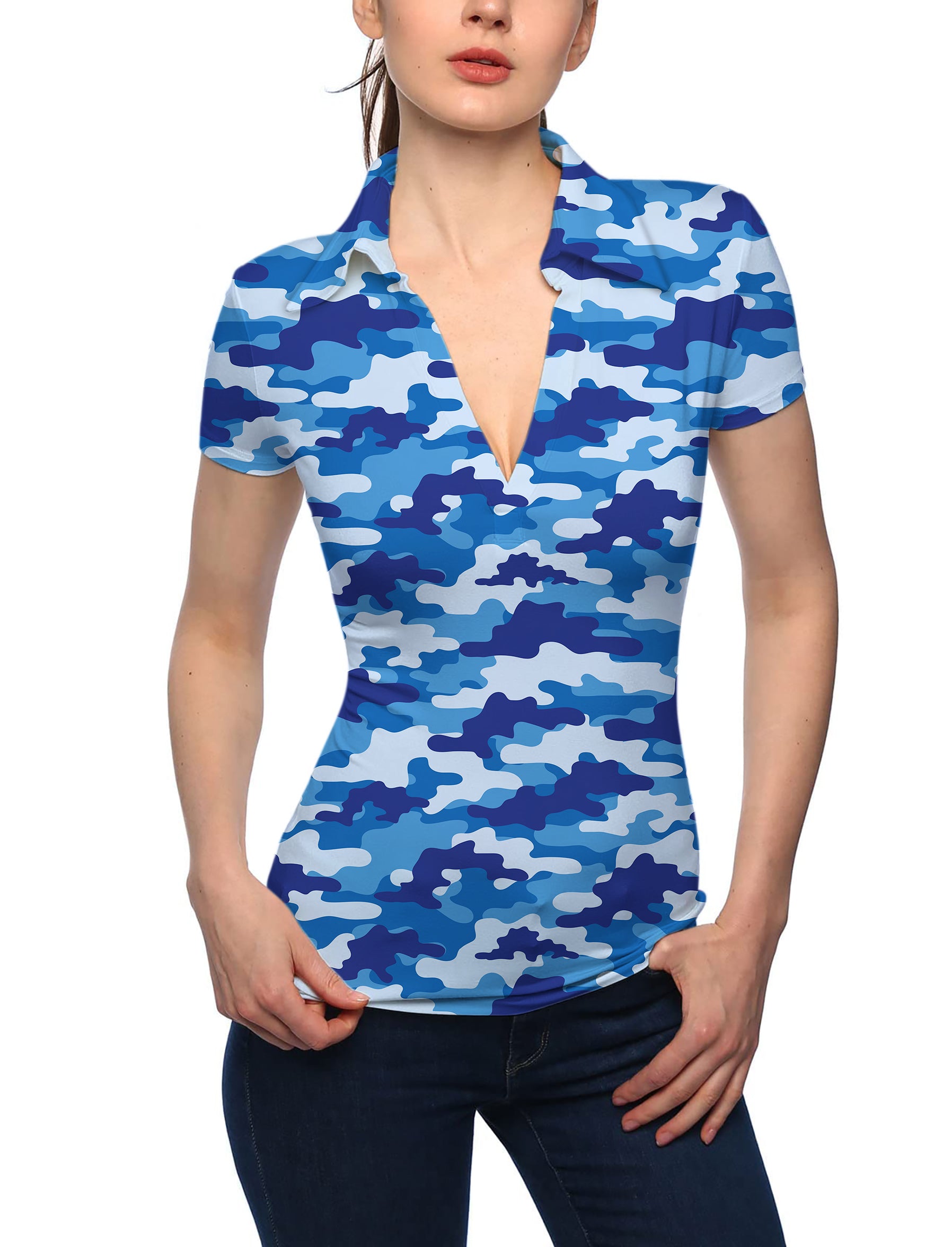 Women's Blue Camo V Neck Golf Polo