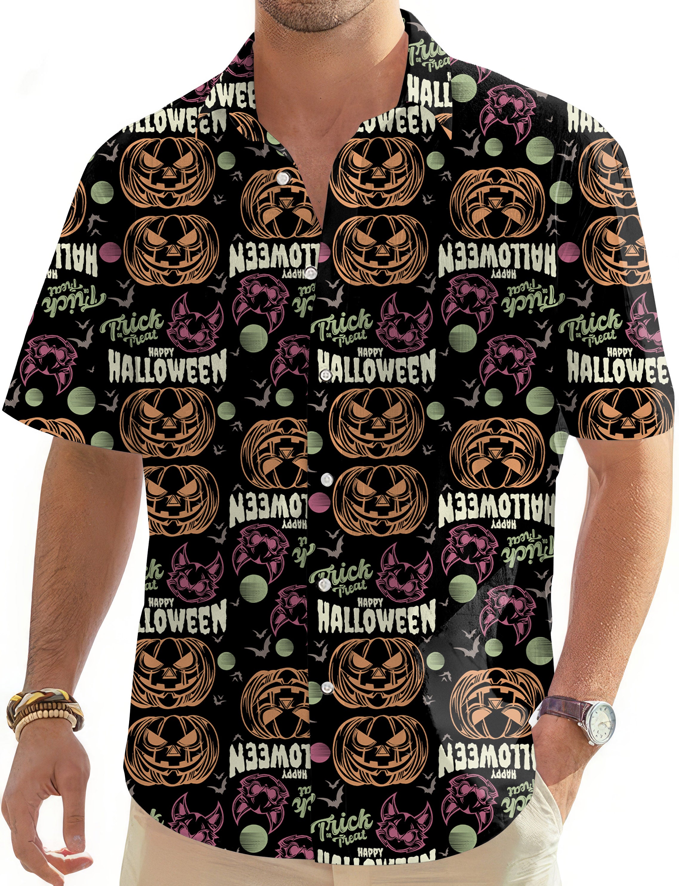 Happy Halloween Colorful Pumpkin Men's Golf Hawaiian Shirts Button Down Shirt