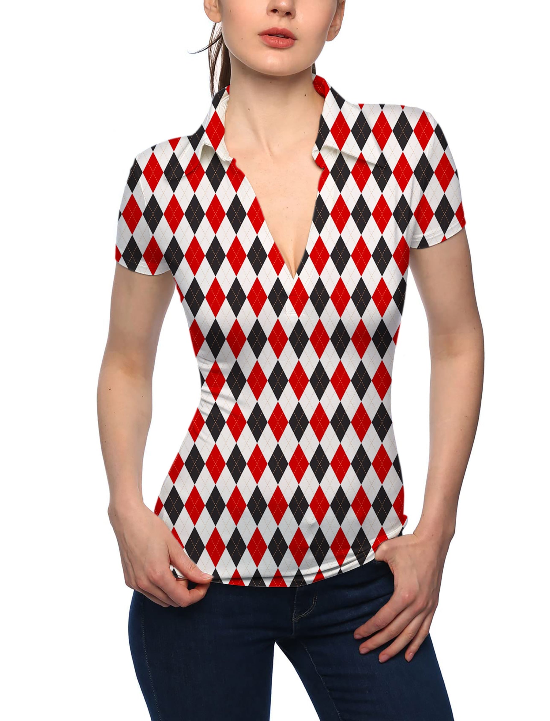 Women's Red black grid V Neck Golf Polo