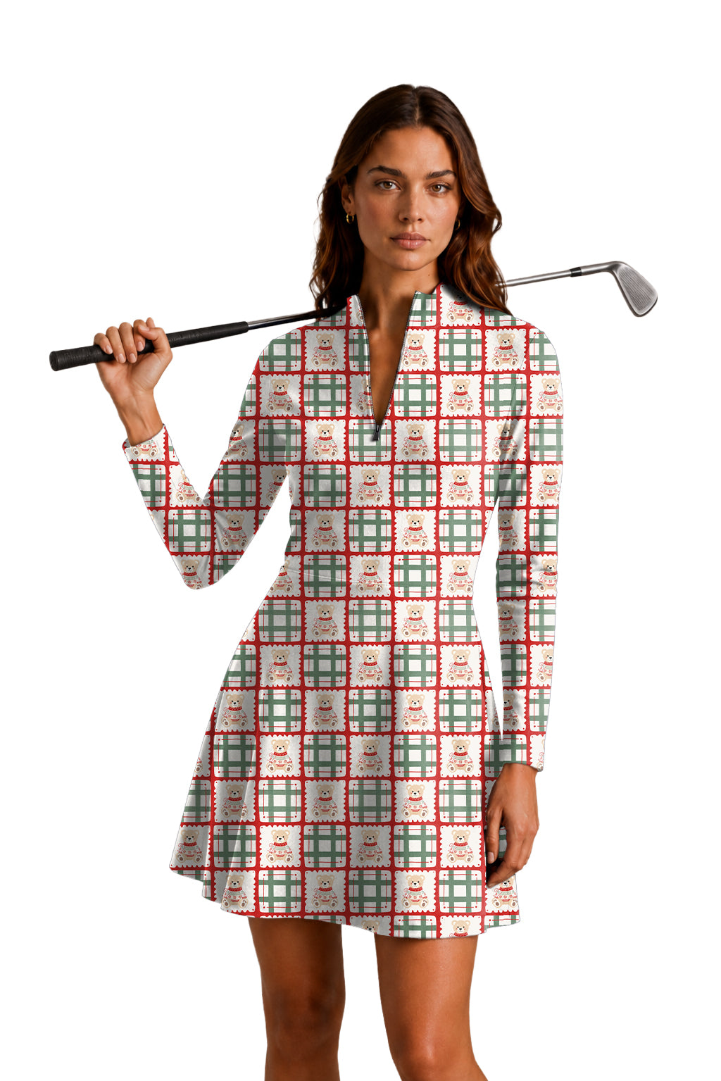 Cute Christmas Teddy Bear Women's Golf Long Sleeve Zipper Dresses Comes with separate matching shorts