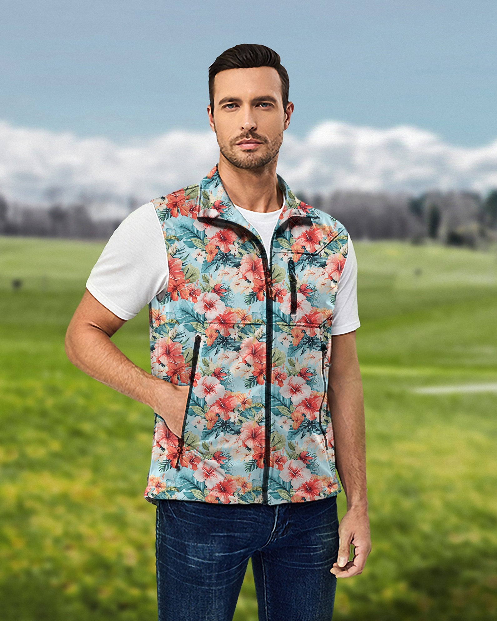 Men's Hawaiian Flowers Lightweight Softshell Vest Sleeveless Jacket for Golf