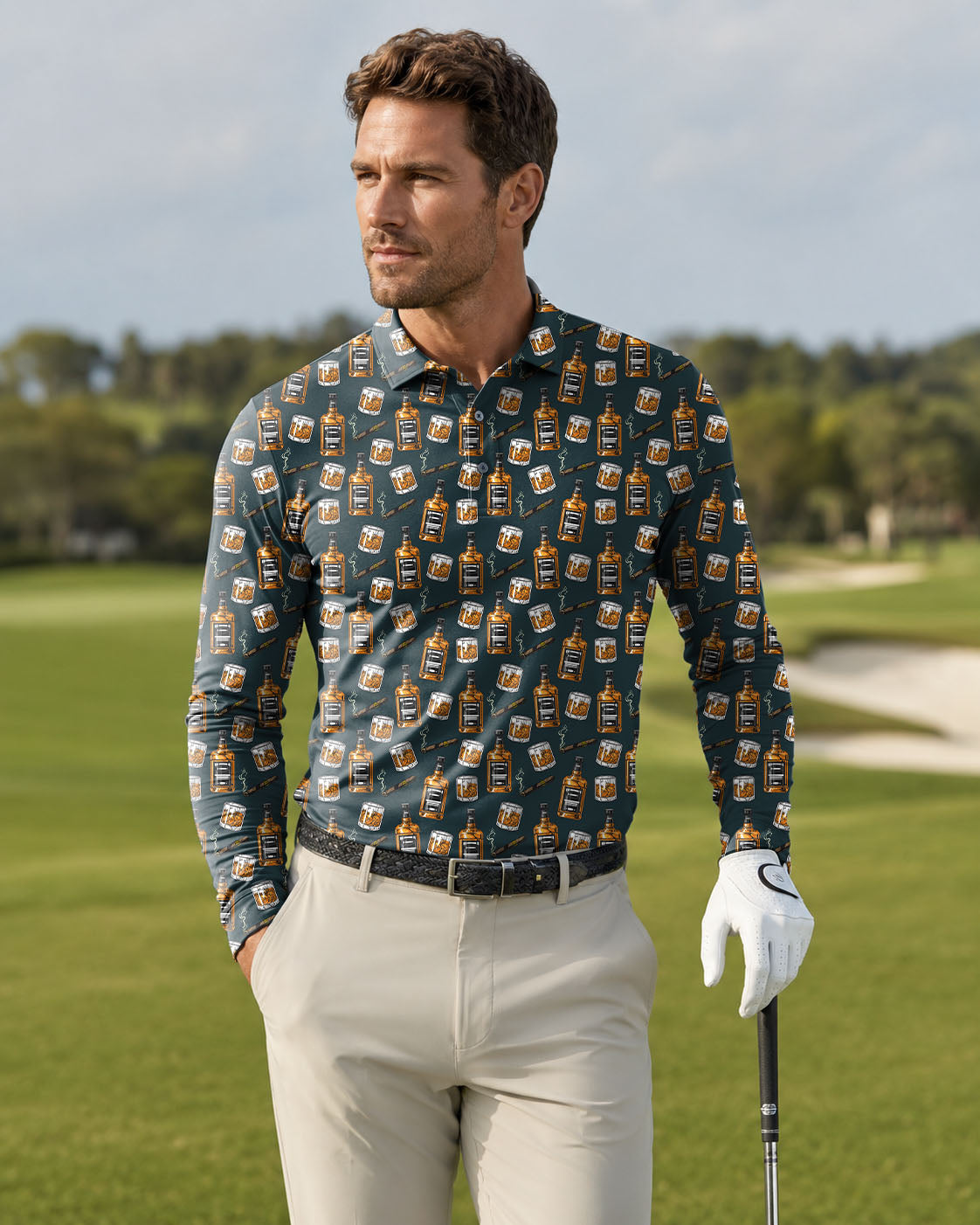 Men Whiskey cigars?Golf Party All Bodies Golf Long-sleeved Polo