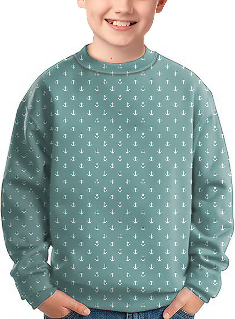 Kids green blue anchor crewneck pullover sweater with anchor print
