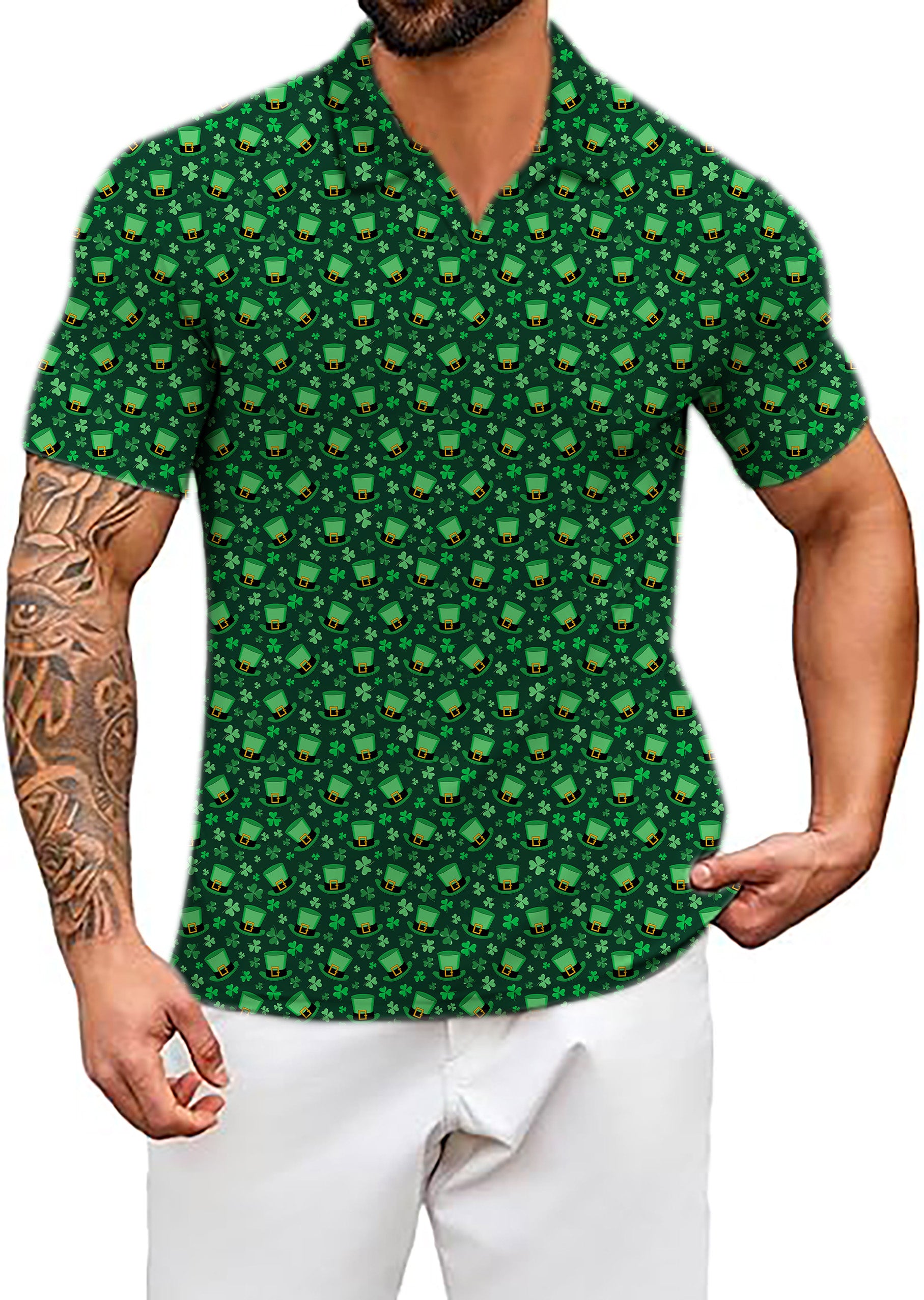 Men's Leprechaun hat clover leaf St. Patrick's Day V Neck Golf Polo Shirts