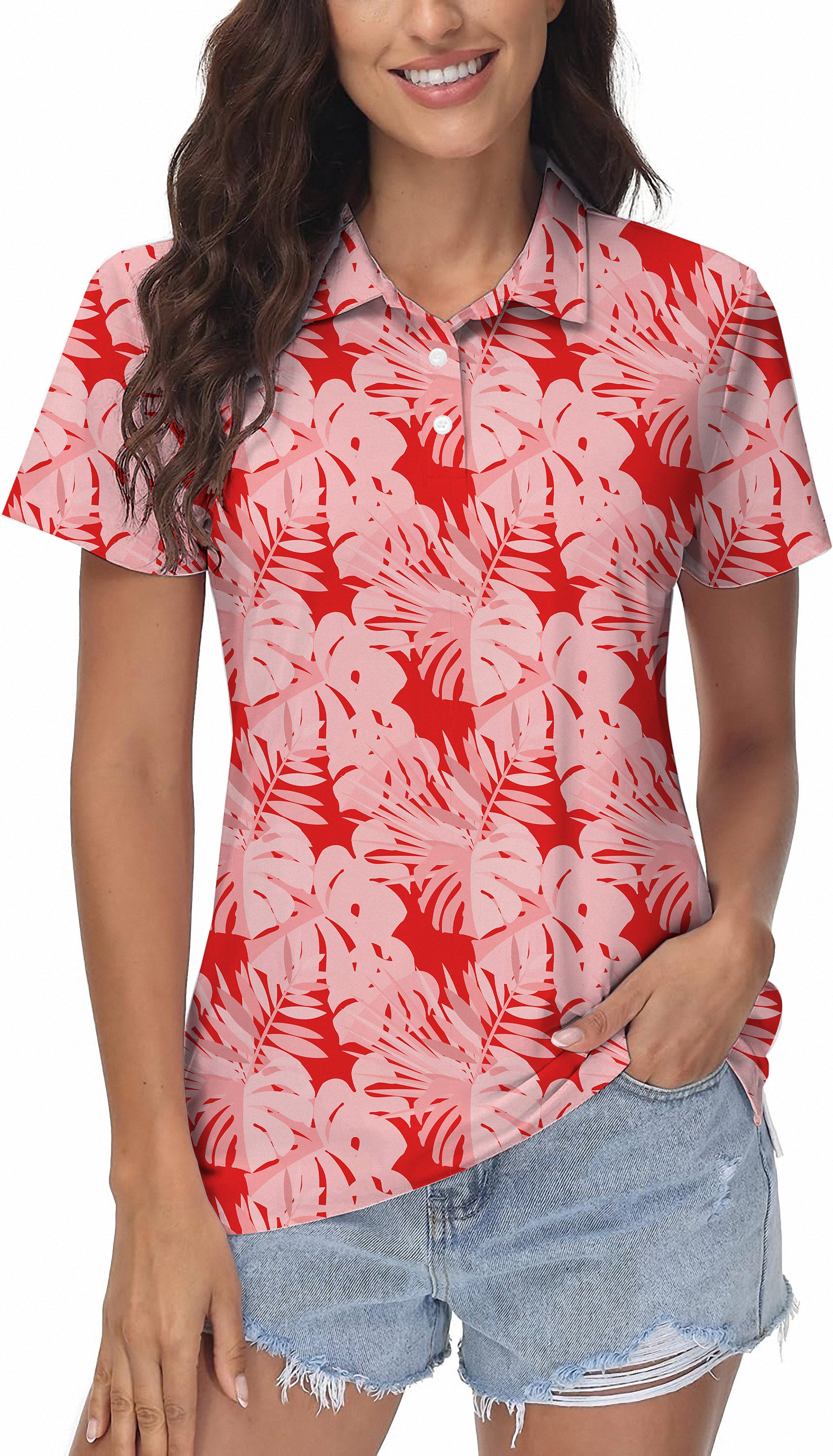 red tropical leaves and plants Women's Golf Polo