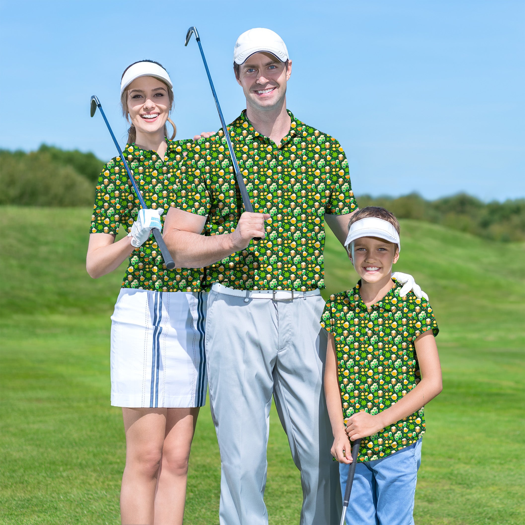 Green beer clover leaf St. Patrick's Day Golf Polo Men Women youth family set