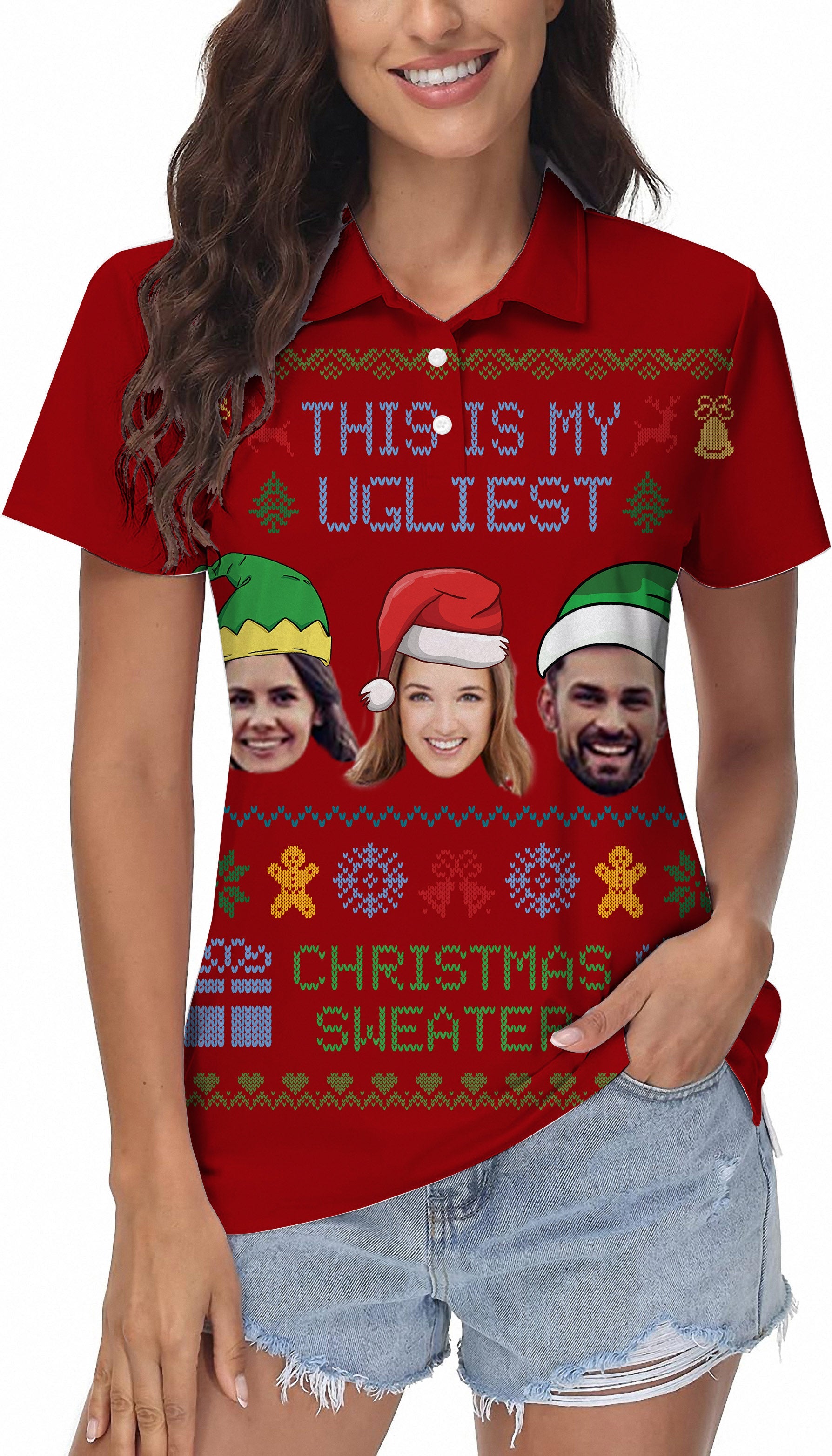 Red-Christmas custom face women's golf polo shirt with personalized Christmas sweater design and four-way stretch fabric