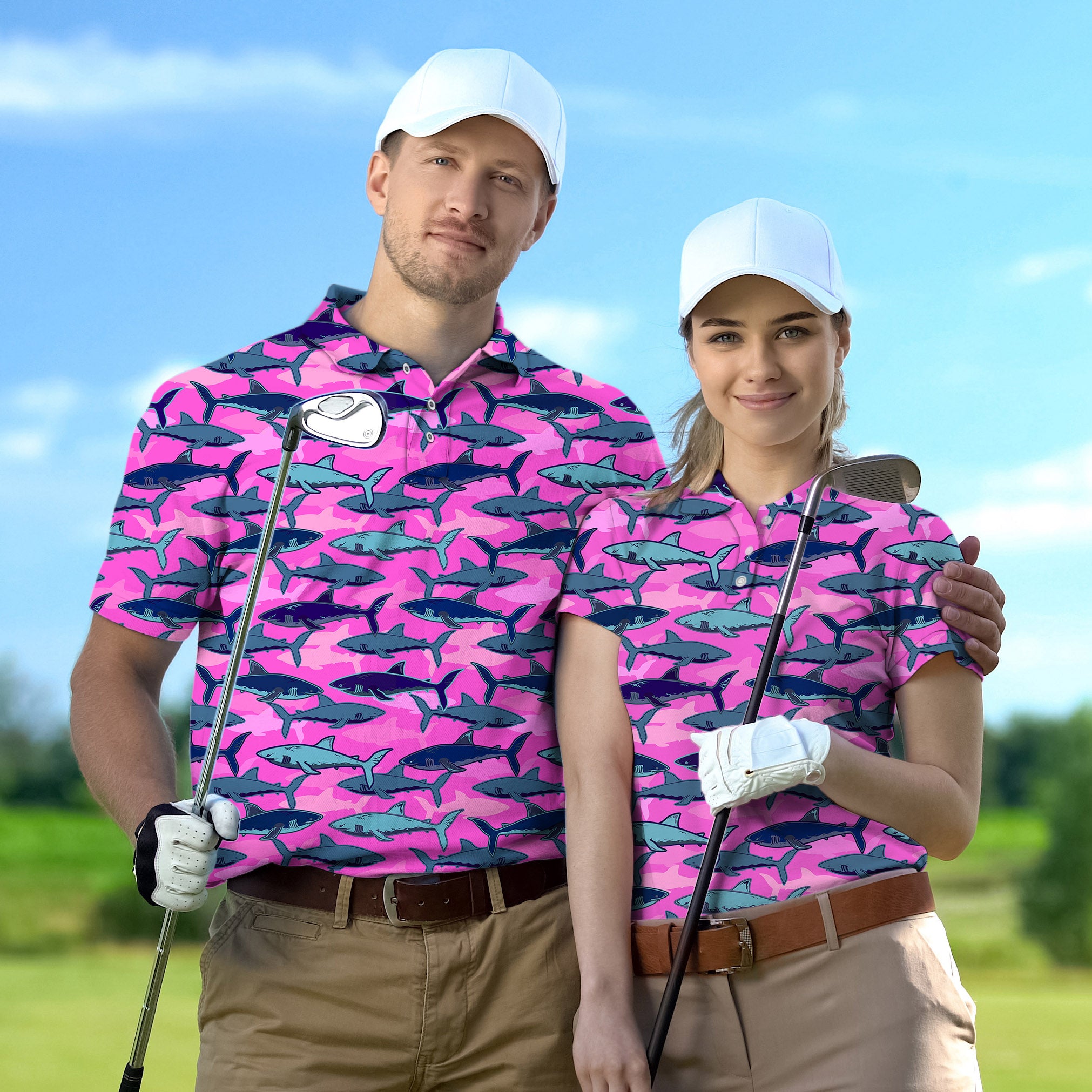 Golf Polo Couple Family set Electric Sharks Pink