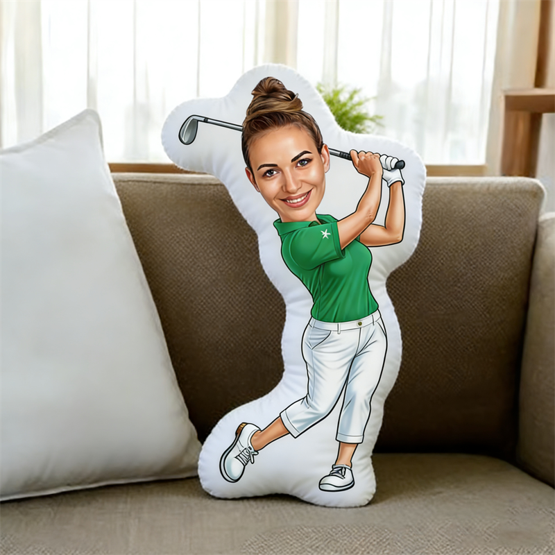 Custom Photo Face Pillow Play Golf Face Picture Green Women Pillow Doll Face Shaped Pillow Golf Gift for Living Room