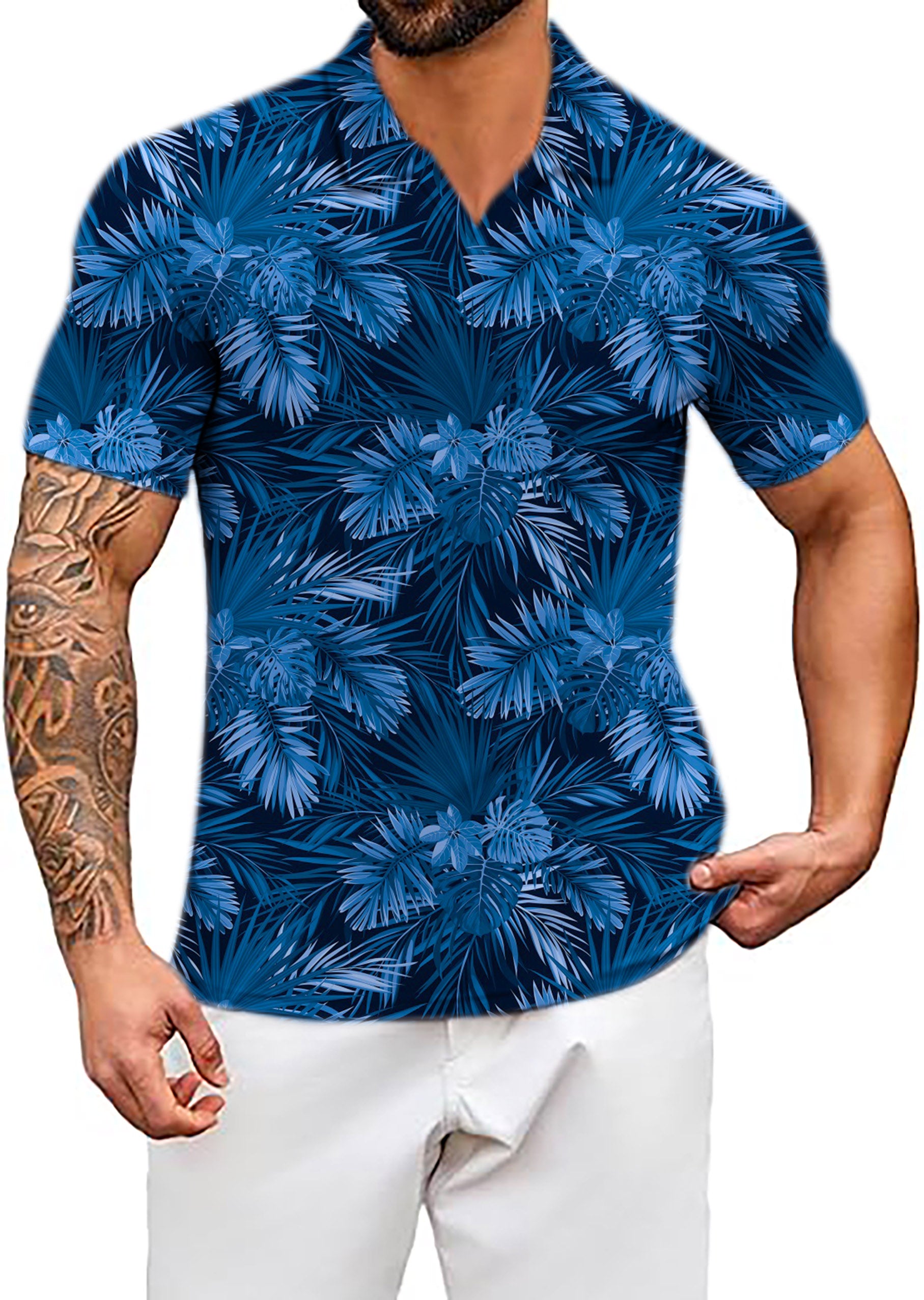 Men's Blue Leaf V Neck Golf Polo Shirts