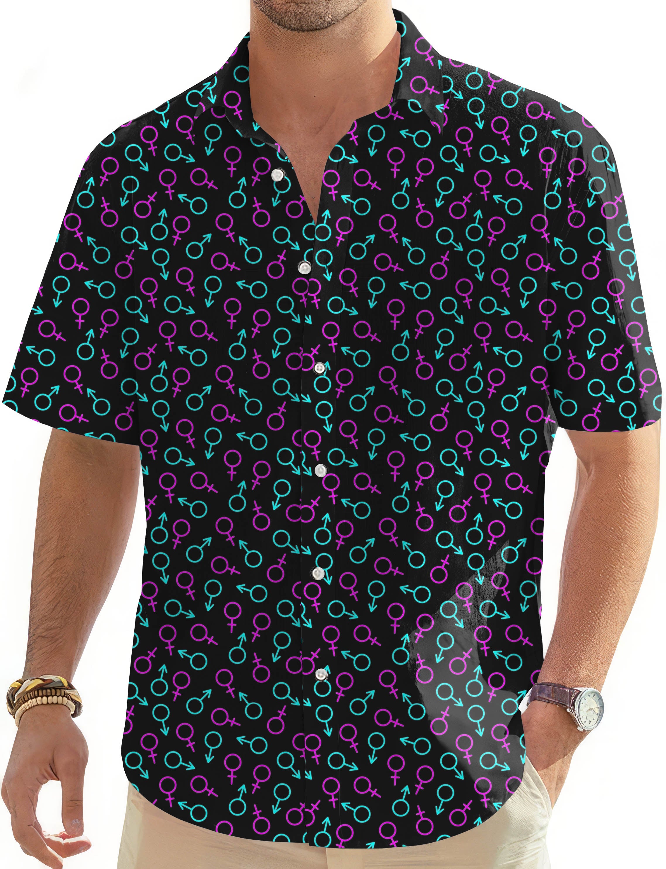Men's golf Hawaiian shirt with button-down front and gender symbol pattern