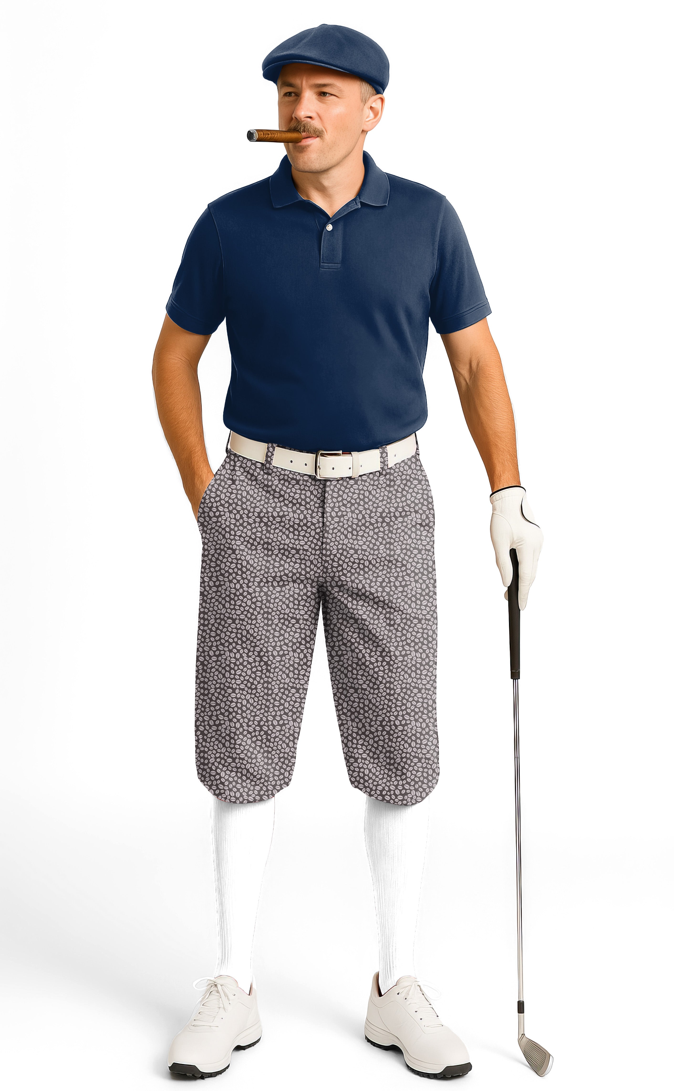 Coffee Beans Men's Golf Knickers Pants with snug ankle cuffs and soft breathable fabric, wrinkle-resistant and adjustable velcro design.